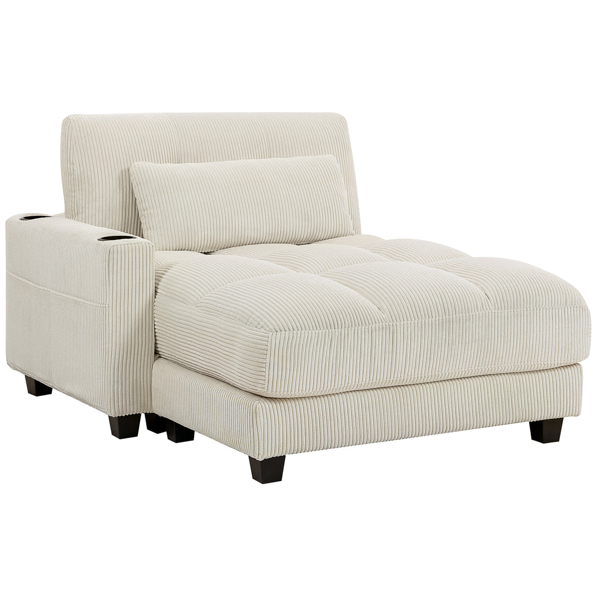 58" Chaise Lounge Chair Indoor, Oversized Corduroy Upholstered Sofa Bed, 2 Cup Holders, Pillow, Deep Seat Sleeper Couch Reading Chair for Living Room, Bedroom, Cream White