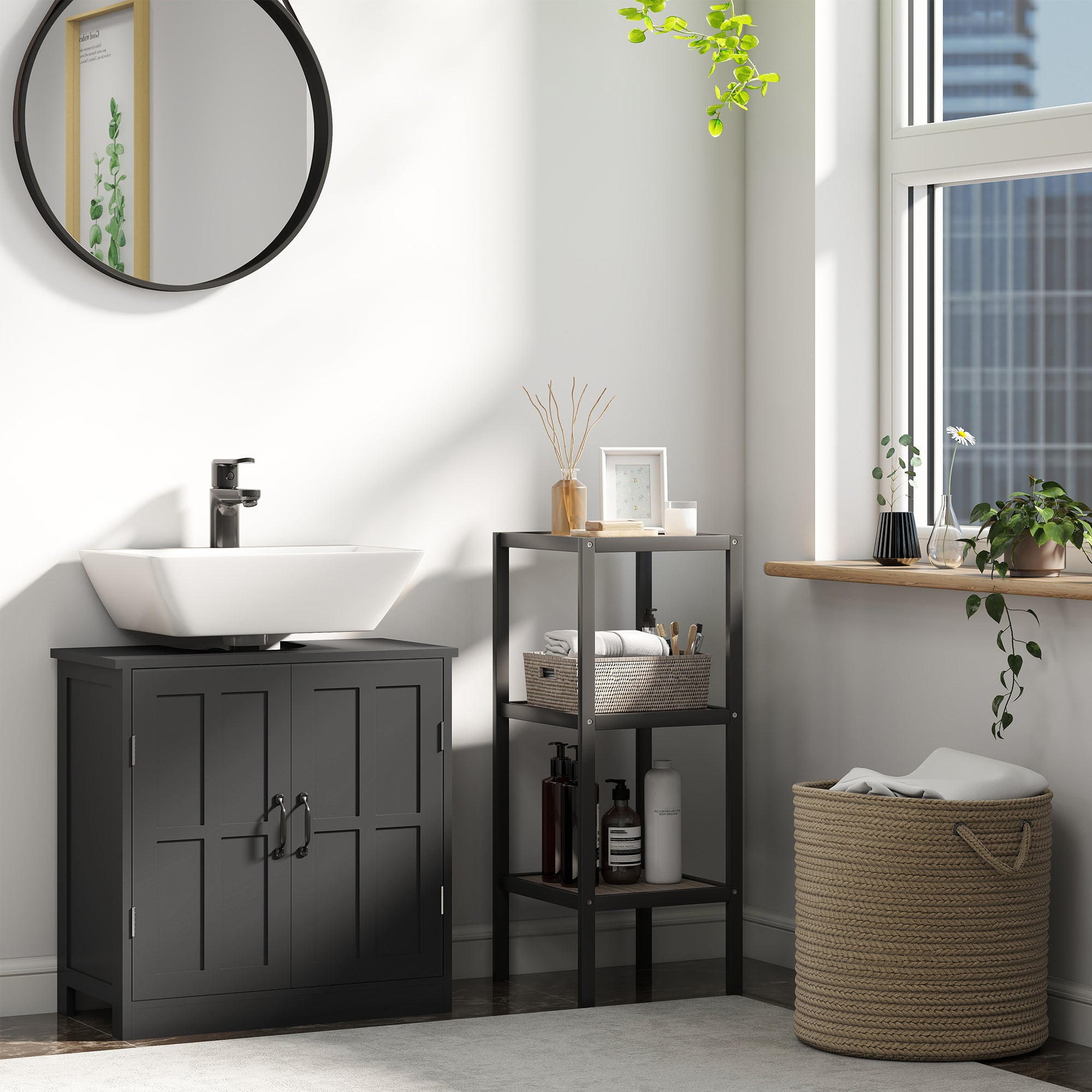 Pedestal Under Sink Cabinet, Bathroom Vanity Cabinet Storage with Double Doors and Adjustable Shelf, Black