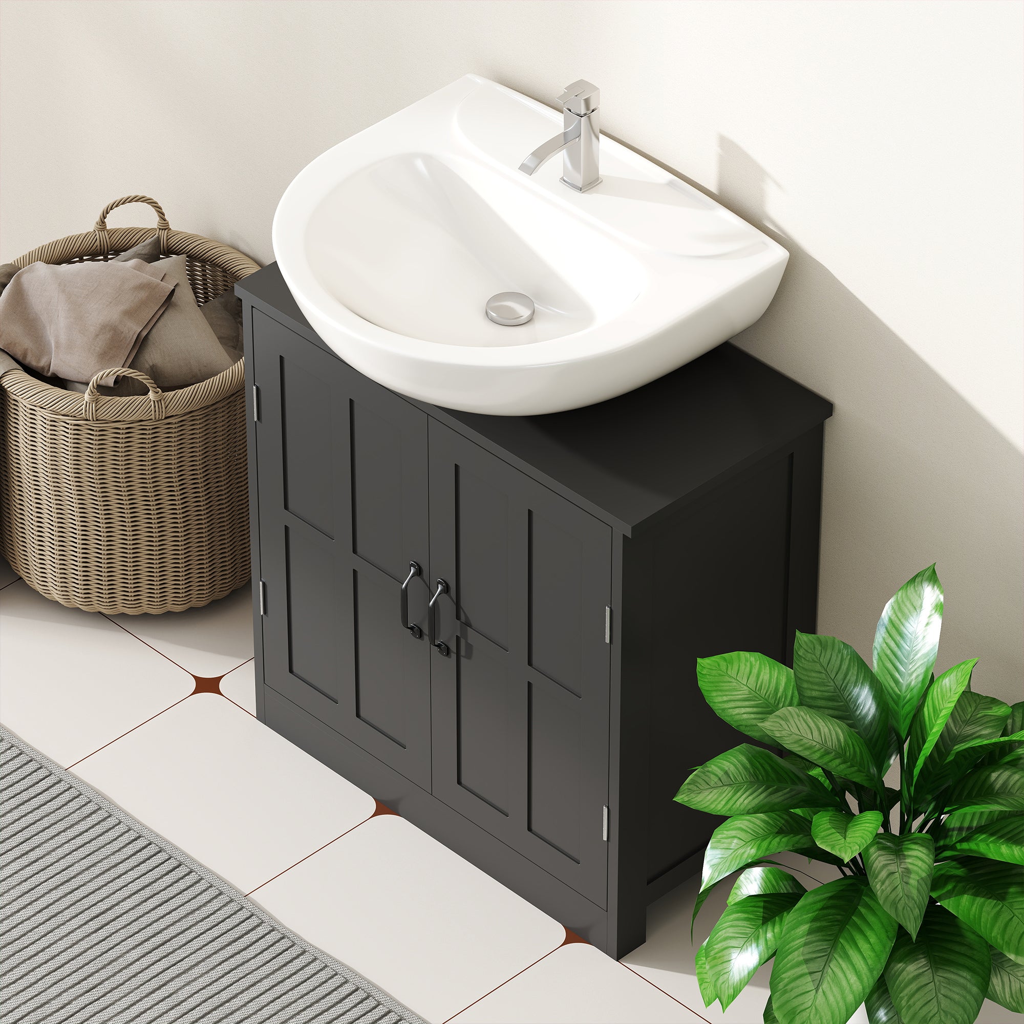 Pedestal Under Sink Cabinet, Bathroom Vanity Cabinet Storage with Double Doors and Adjustable Shelf, Black