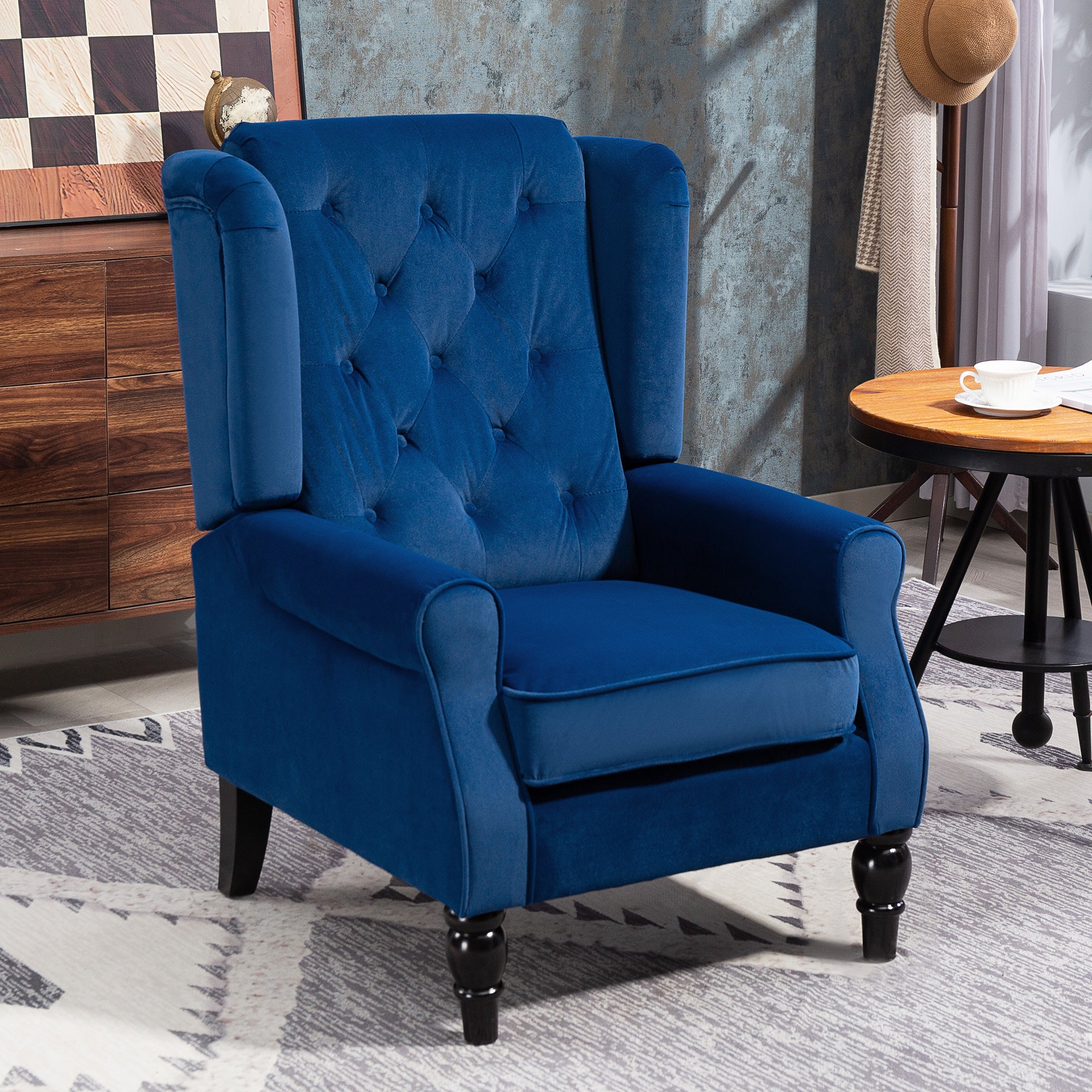 Retro Accent Chair, Velvet Wingback Armchair with Wood Frame Button Tufted Design for Living Room Bedroom, Blue