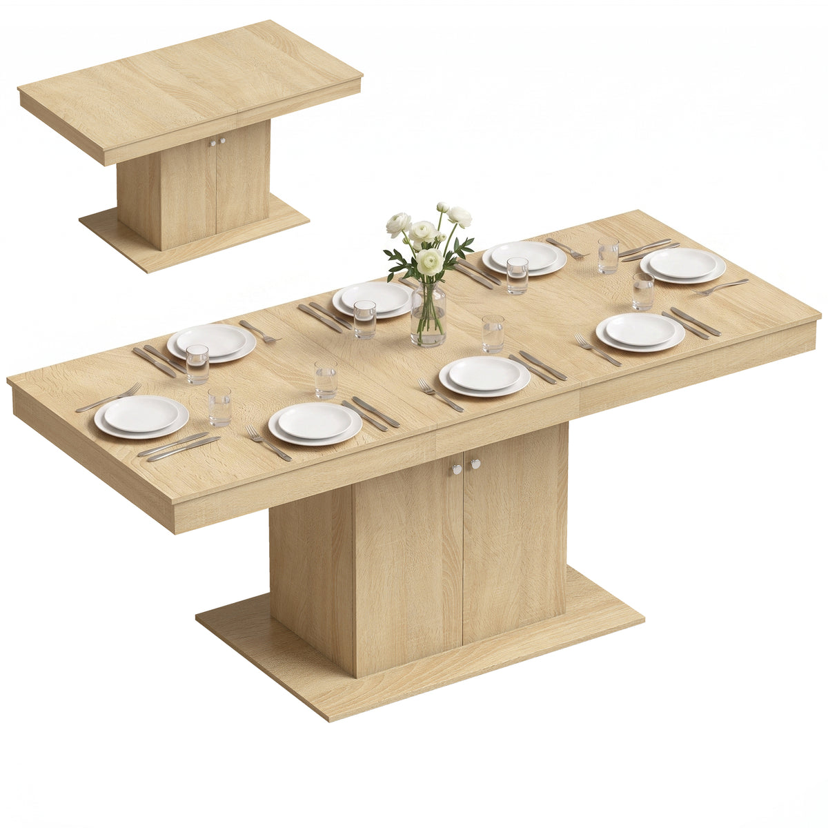 Extendable Dining Room Table for 6-8, 55"-71" Rectangle Kitchen Dining Table with Cabinet, Adjustable Shelf, Mid Century Modern Dinner Furniture, Living Room, Natural Wood