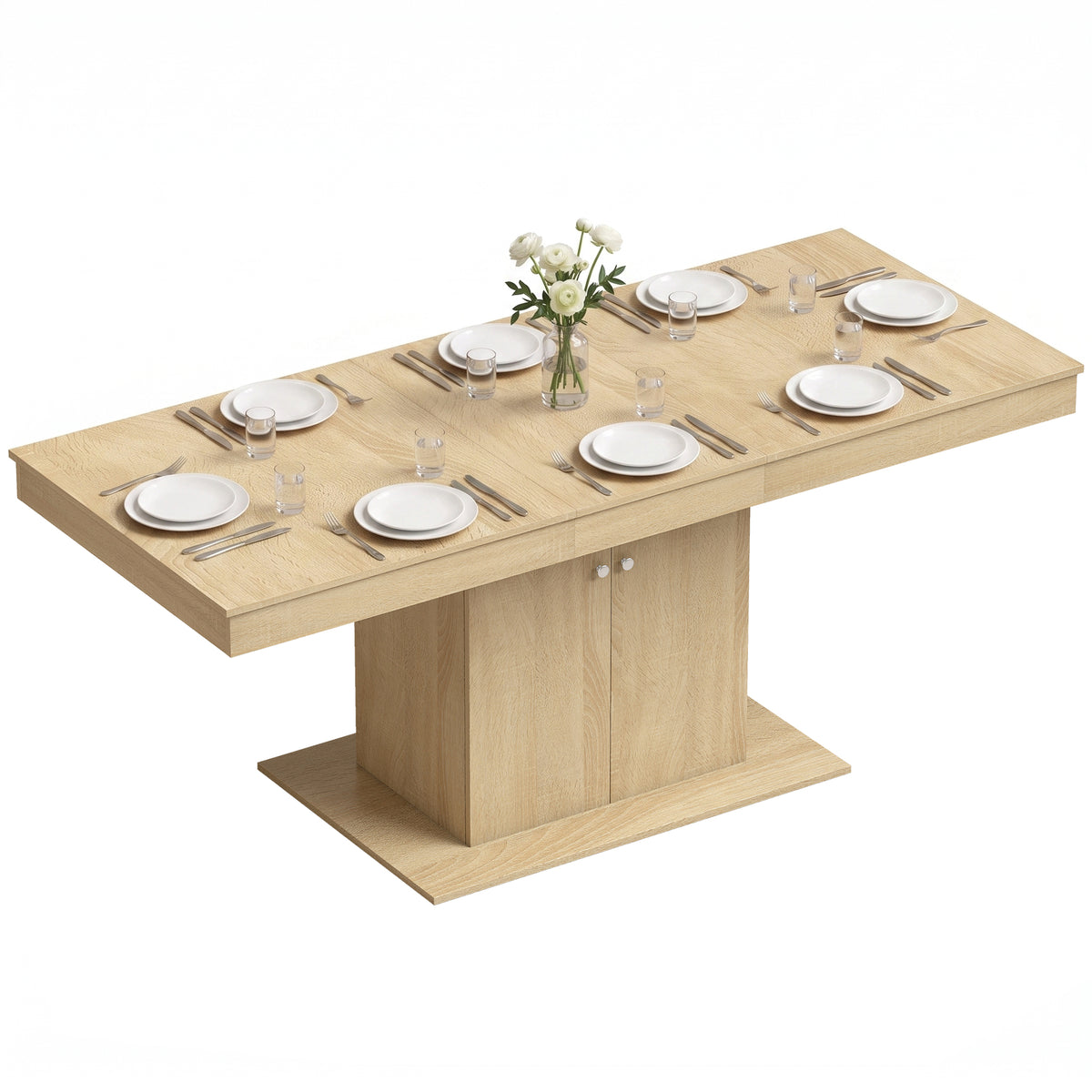Extendable Dining Room Table for 6-8, 55"-71" Rectangle Kitchen Dining Table with Cabinet, Adjustable Shelf, Mid Century Modern Dinner Furniture, Living Room, Natural Wood