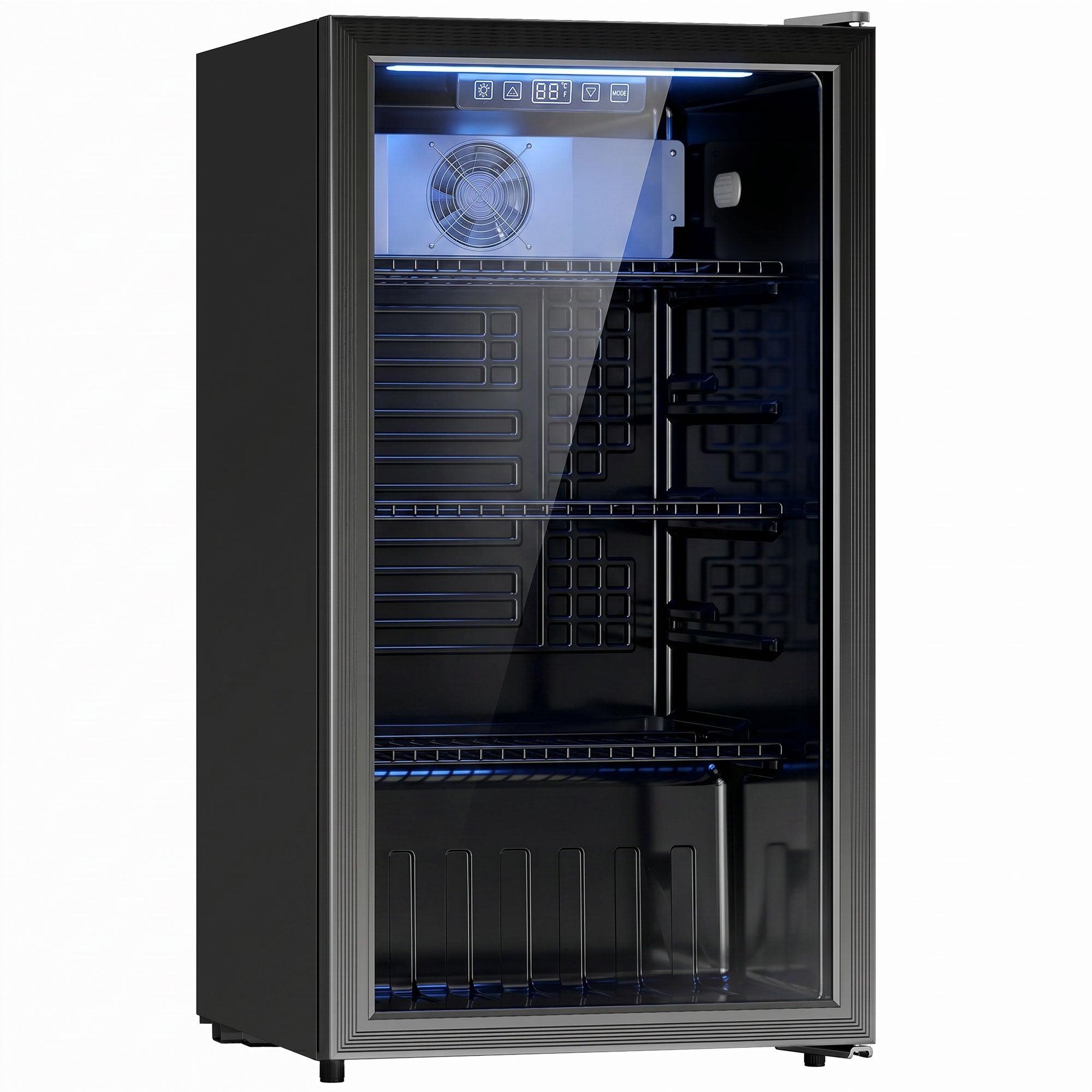 90L Drinks Fridge, 139 Can Under Counter Freestanding Beer Fridge with Double-Layer Glass Door, Wine Cooler with LED Light, Adjustable Shelves, Beverage Cooler for Soda Beer, Home Office