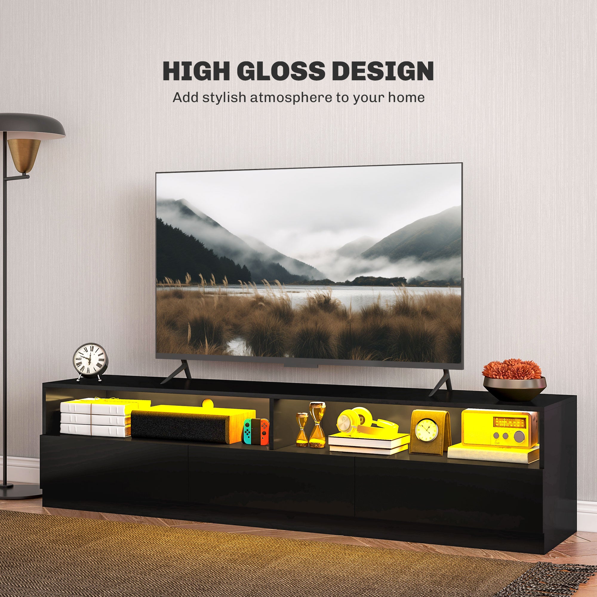 HOMCOM High Gloss LED TV Cabinet Stand for TVs up to 75", Home Entertainment Center Modern TV Storage Unit, Black