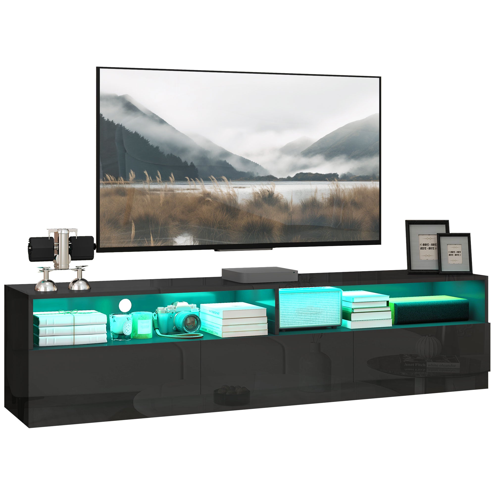 HOMCOM High Gloss LED TV Cabinet Stand for TVs up to 75", Home Entertainment Center Modern TV Storage Unit, Black