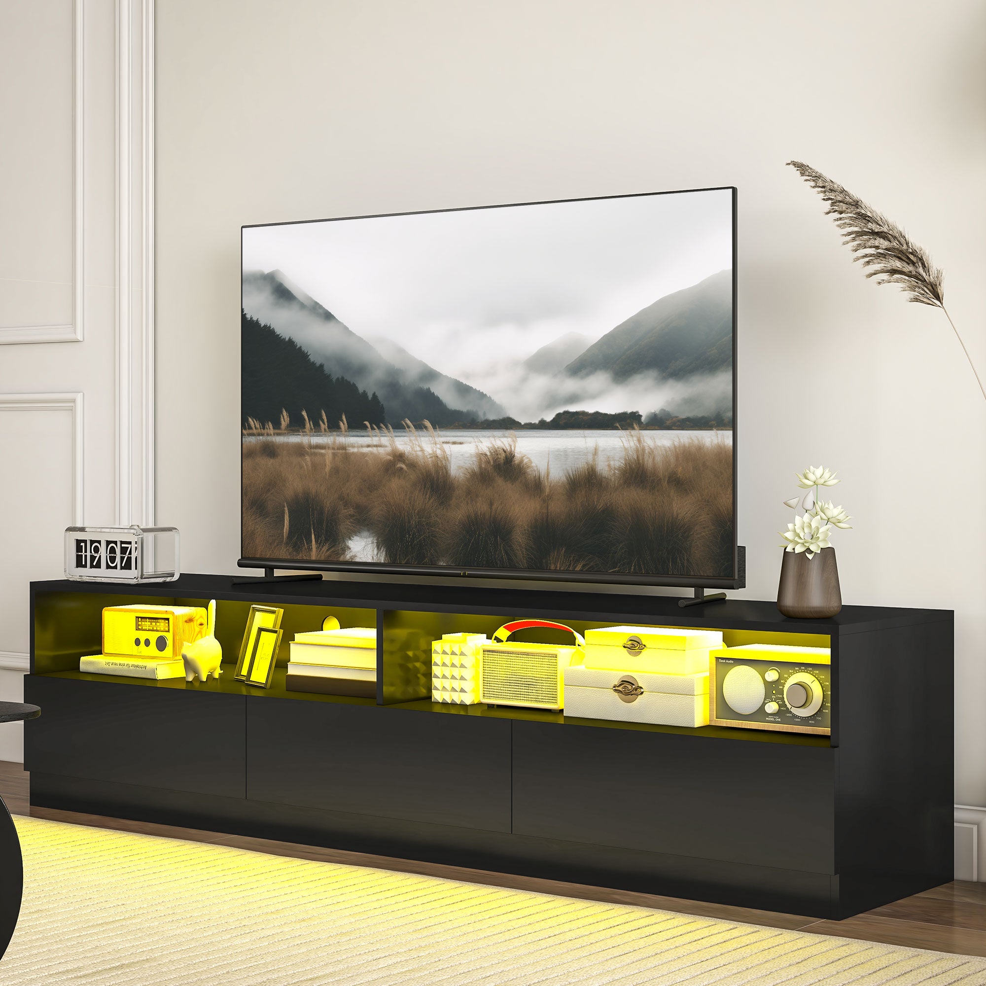 HOMCOM High Gloss LED TV Cabinet Stand for TVs up to 75", Home Entertainment Center Modern TV Storage Unit, Black