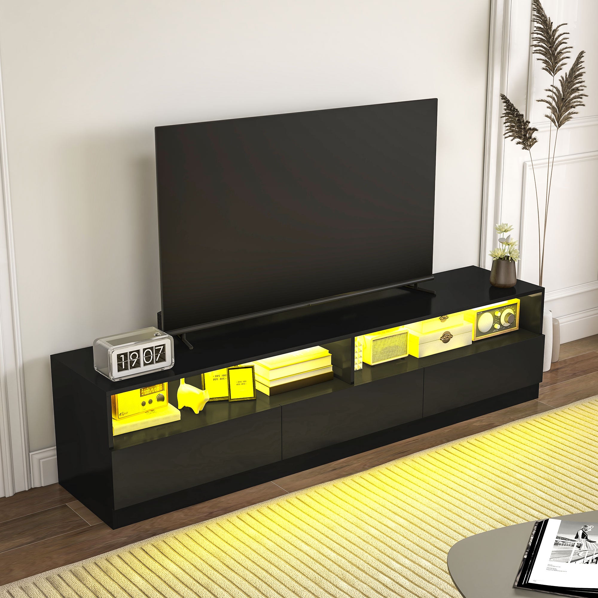 HOMCOM High Gloss LED TV Cabinet Stand for TVs up to 75", Home Entertainment Center Modern TV Storage Unit, Black