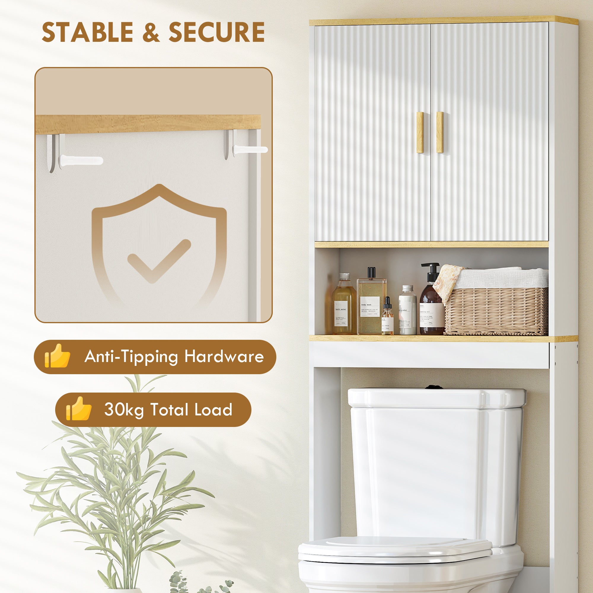 Over the Toilet Storage Shelf, 3-Tier over Toilet Bathroom Organizer Space Saver with Adjustable Shelf, Freestanding for Bathroom, Laundry, White and Oak