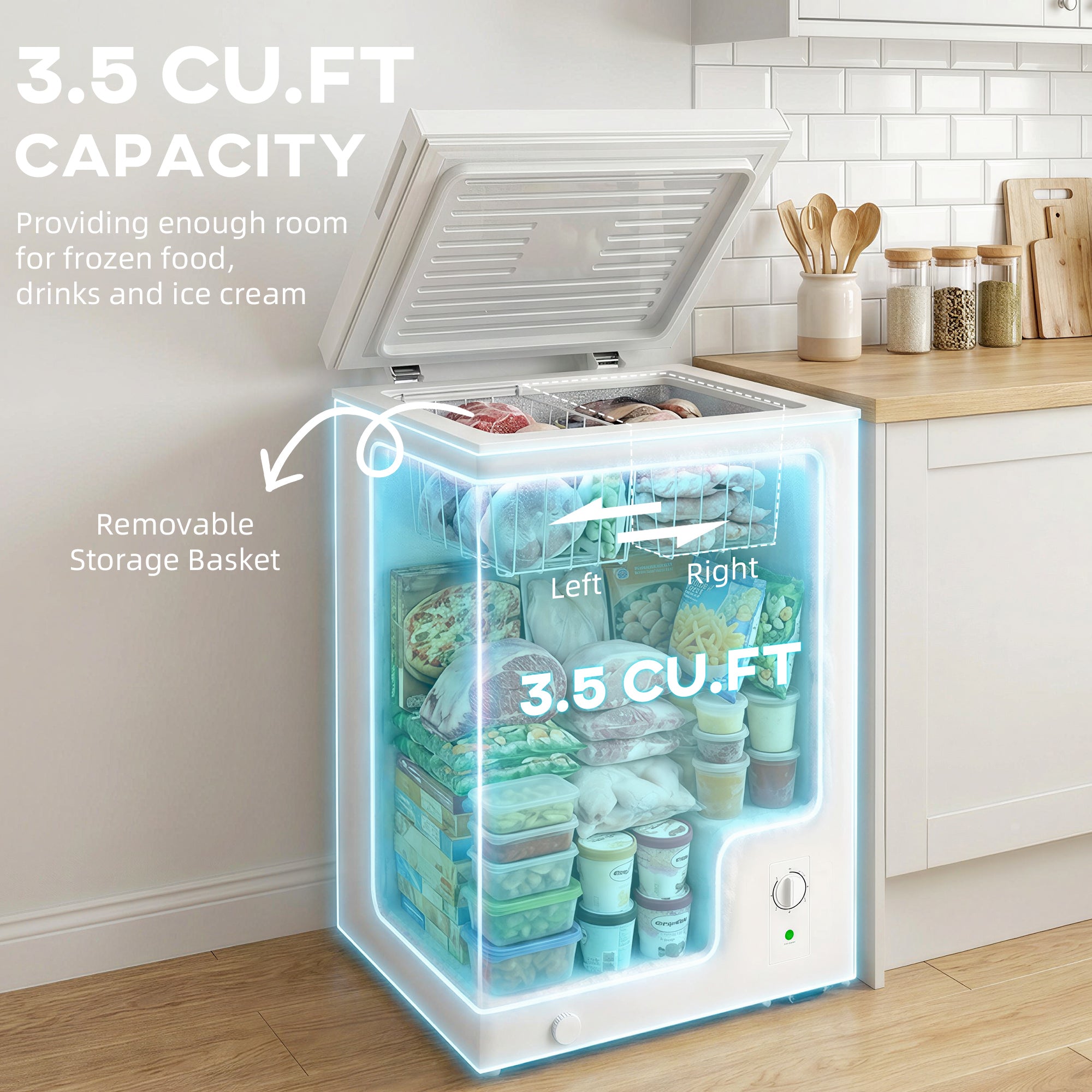Mini Freezer, 3.5 Cu.Ft Compact Chest Freezer with 5-Setting Adjustable Thermostat, Wire Basket, Quiet Operation for Kitchen, Garage, Dining Room, White