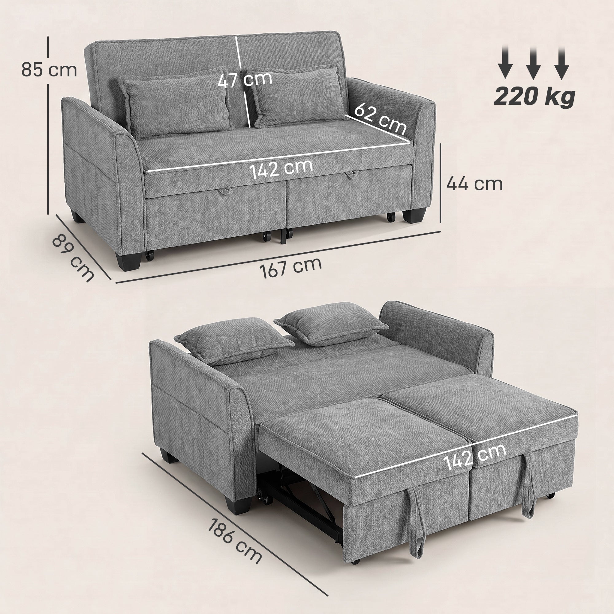 2 Seater Sofa Bed, 4-in-1 L Shaped Convertible Pull Out Sleeper Sofa with Adjustable Backrest, Chenille Loveseat with 2 Pillows, Wide Deep Seat, Side Pockets for Living Room, Grey