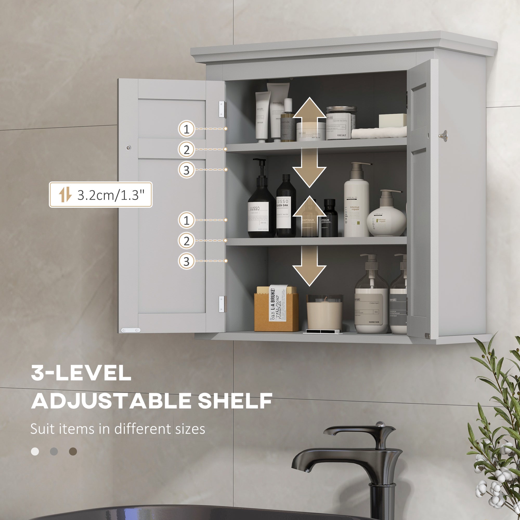 kleankin Bathroom Wall Cabinet, Medicine Cabinet, Over Toilet Storage Cabinet with Adjustable Shelves for Kitchen, Entryway, Grey