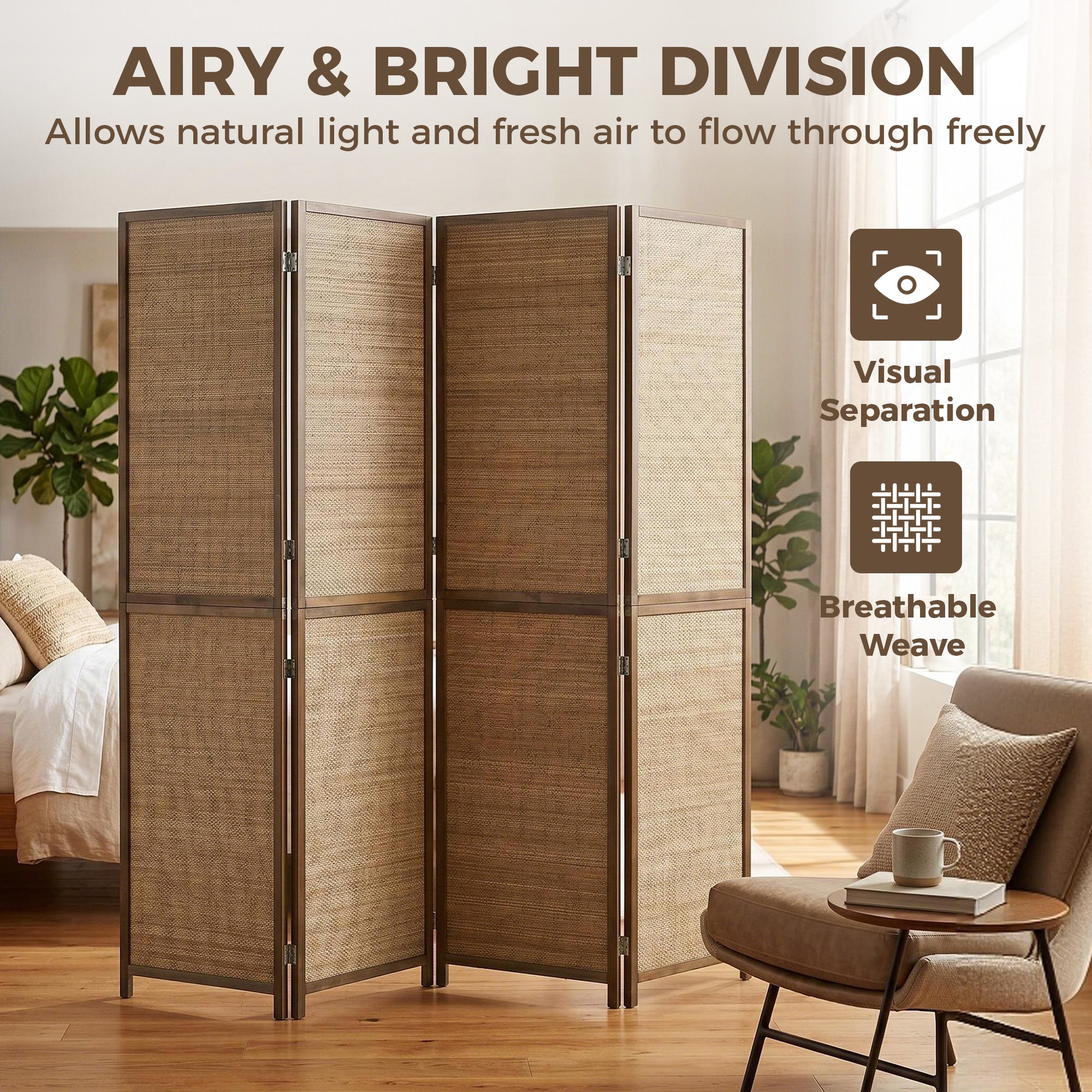 Room Divider, 6 FT Tall Folding Privacy Screen, 4 Panel Hand-Woven Bamboo Wall Partition for Room Separation, Portable Boho Freestanding Wall Divider for Bedroom, Home Office, Brown