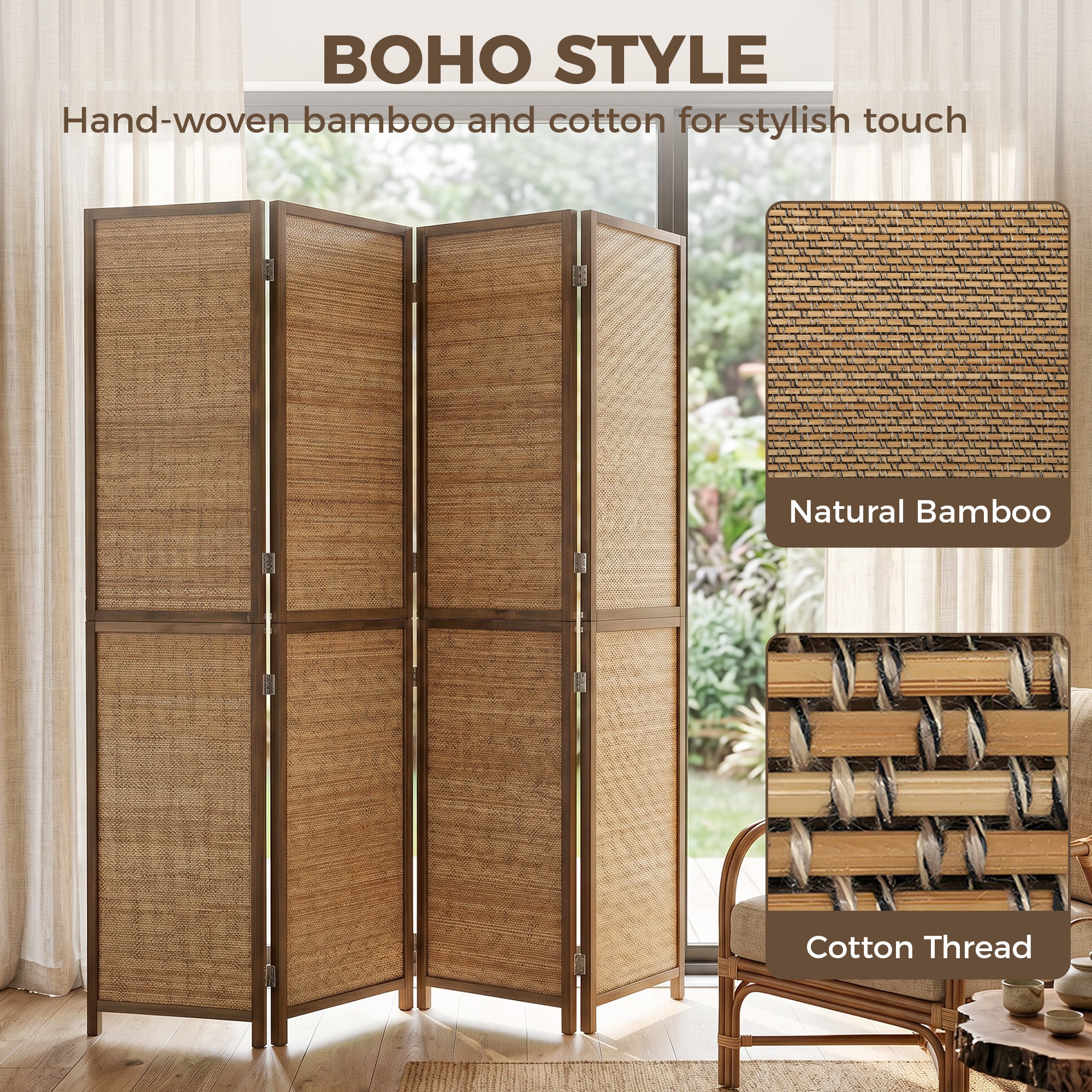 Room Divider, 6 FT Tall Folding Privacy Screen, 4 Panel Hand-Woven Bamboo Wall Partition for Room Separation, Portable Boho Freestanding Wall Divider for Bedroom, Home Office, Brown