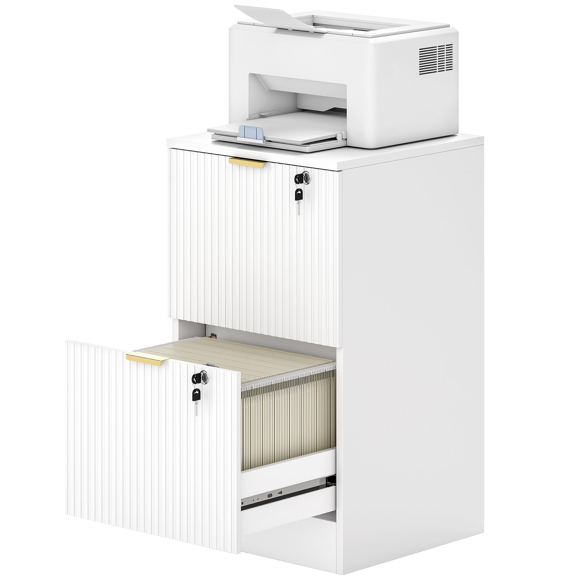 2 Drawer Filing Cabinet, Fluted Vertical File Cabinet with Lock and Adjustable Hanging Rails for A4 and Letter Size Files, Printer Stand with Storage, White