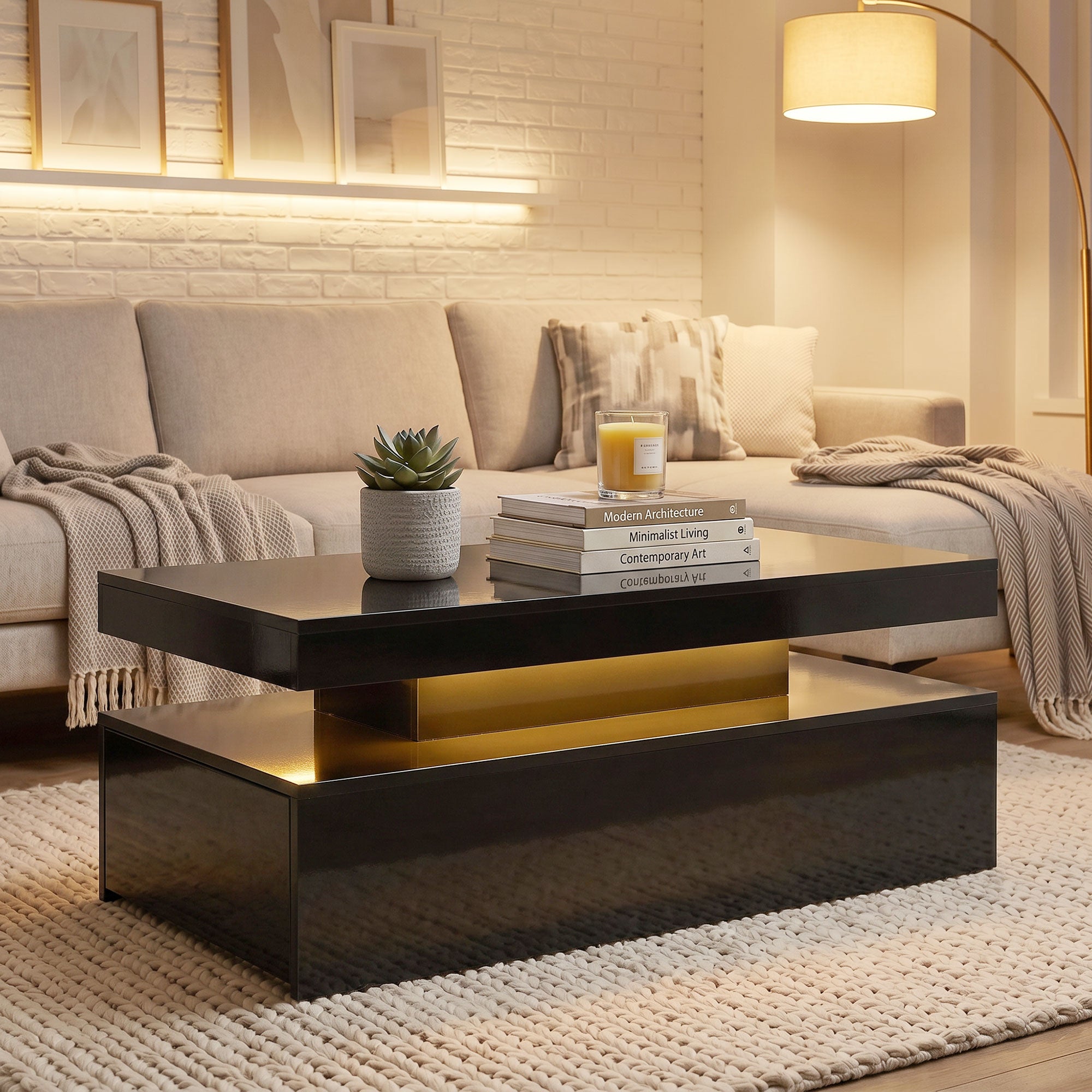 LED Coffee Table with Storage, 2-Tier Modern Rectangular Center Table with 2 Drawers and Open Compartment for Living Room, High Gloss Black