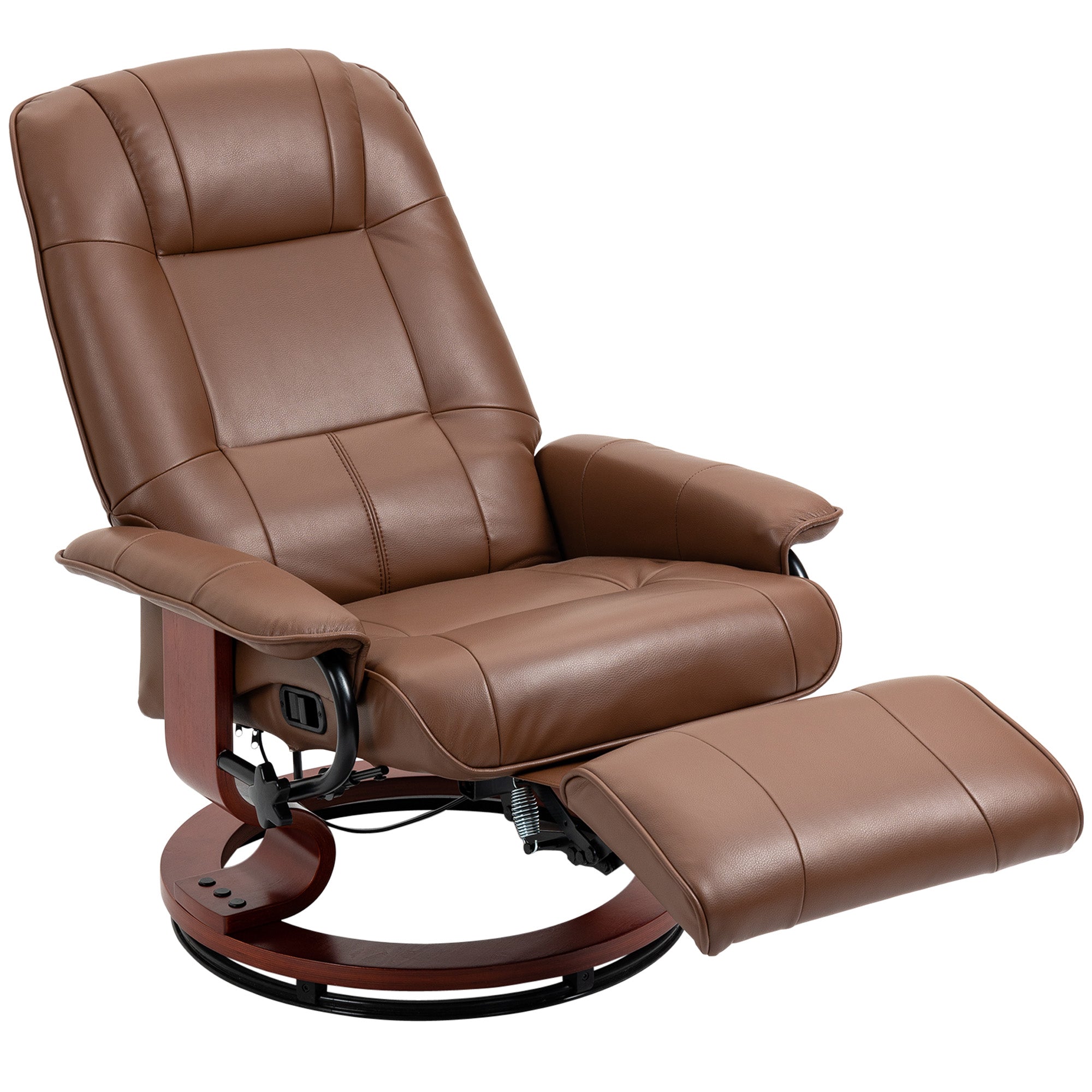 Faux Leather Manual Recliner, Adjustable Swivel Lounge Chair with Footrest, Armrest and Wrapped Wood Base for Living Room, Brown