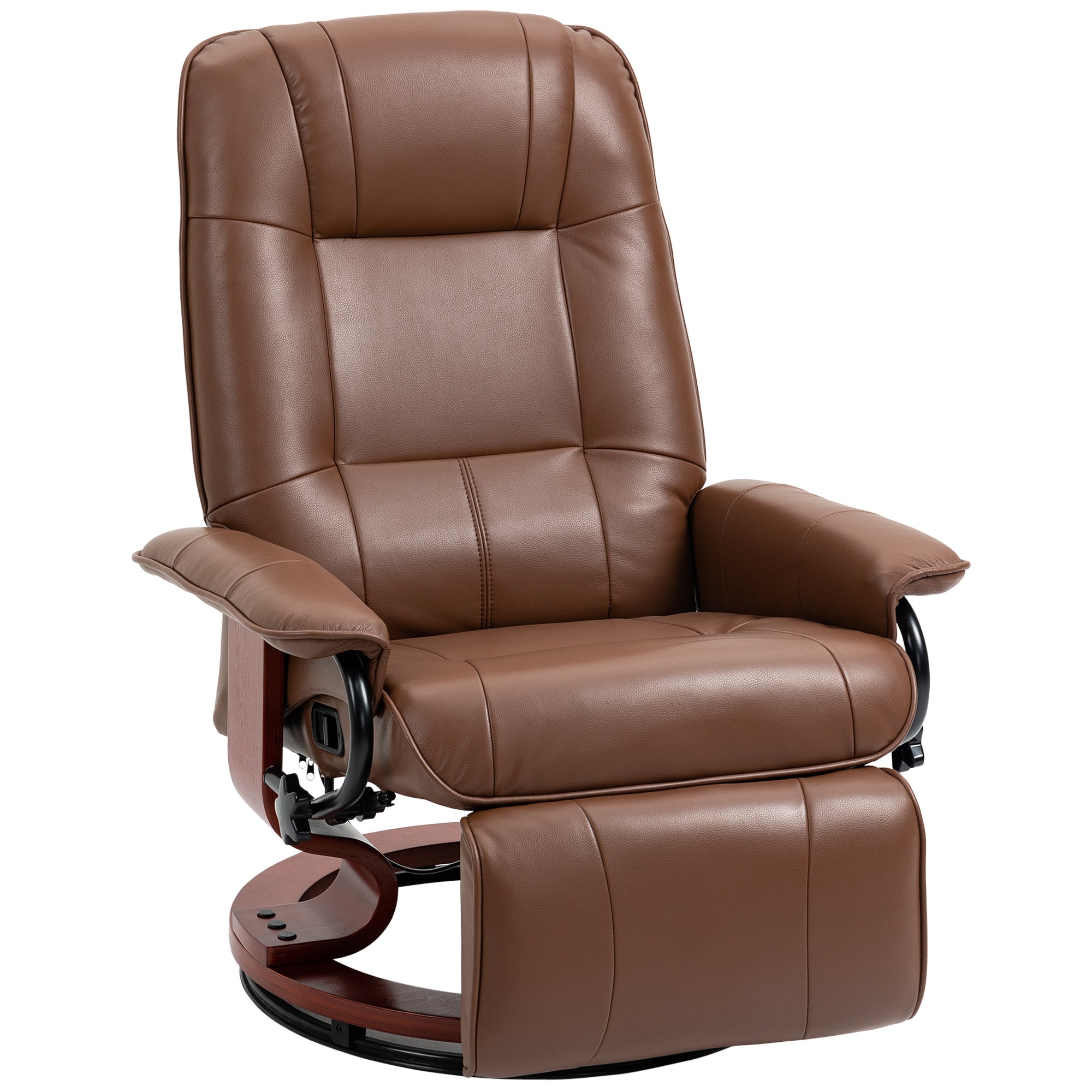 Faux Leather Manual Recliner, Adjustable Swivel Lounge Chair with Footrest, Armrest and Wrapped Wood Base for Living Room, Brown