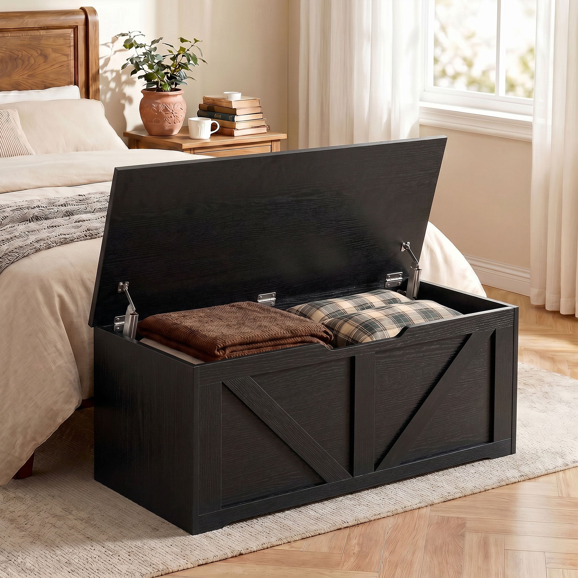 127L Storage Chest, Shoe Storage Trunk Bench Box with 2 Safety Hinges and U-shaped Cut-out Pull, Blanket Box Ottoman for Bedroom, Living Room, Entryway, 100 x 40 x 45 cm, Black Wood-Effect