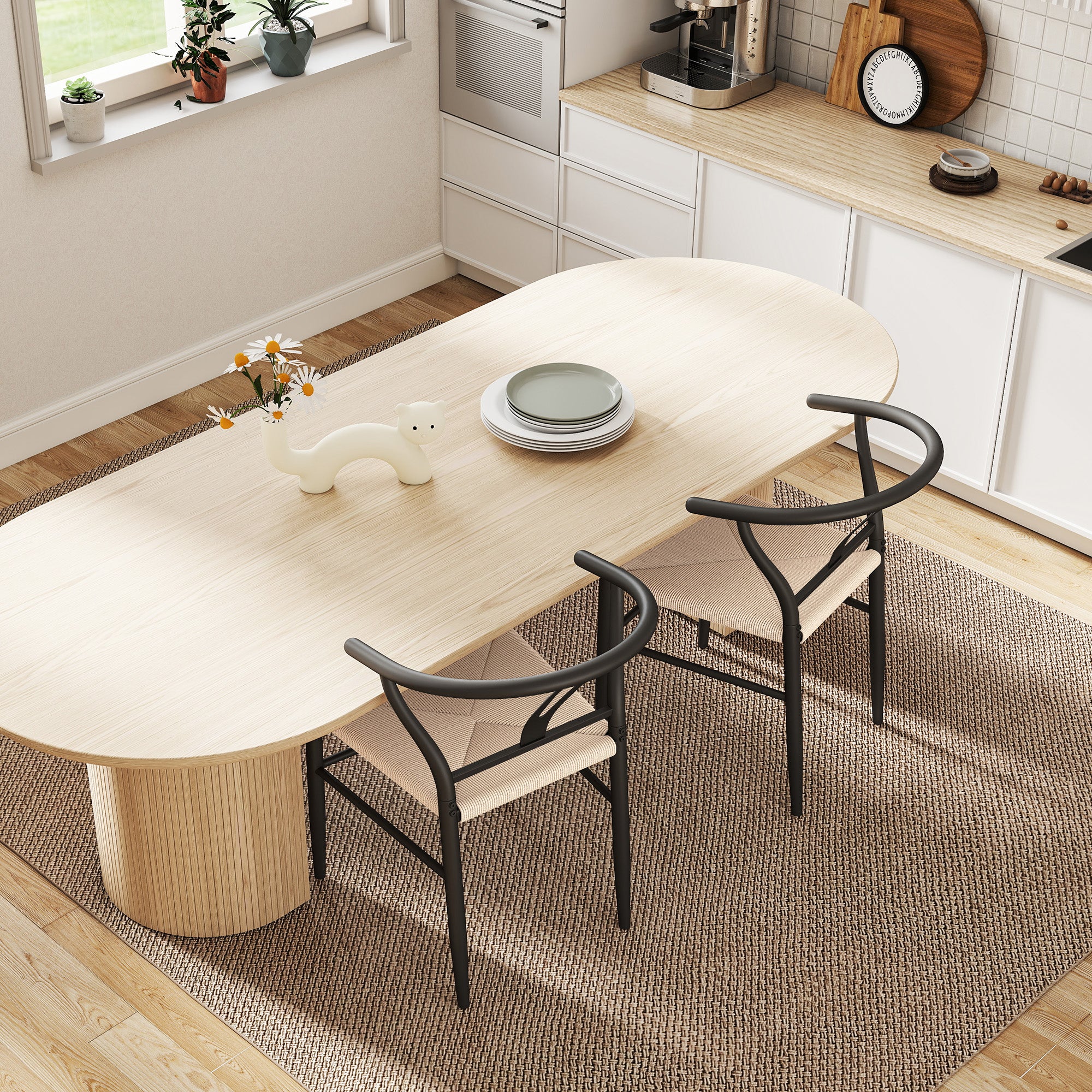 Weave Dining Chairs Set of 2, Mid-Century Modern Metal Kitchen Chairs with Y-Shaped Backrest and Hemp Seat for Dining Room, Living Room, Bedroom, Black