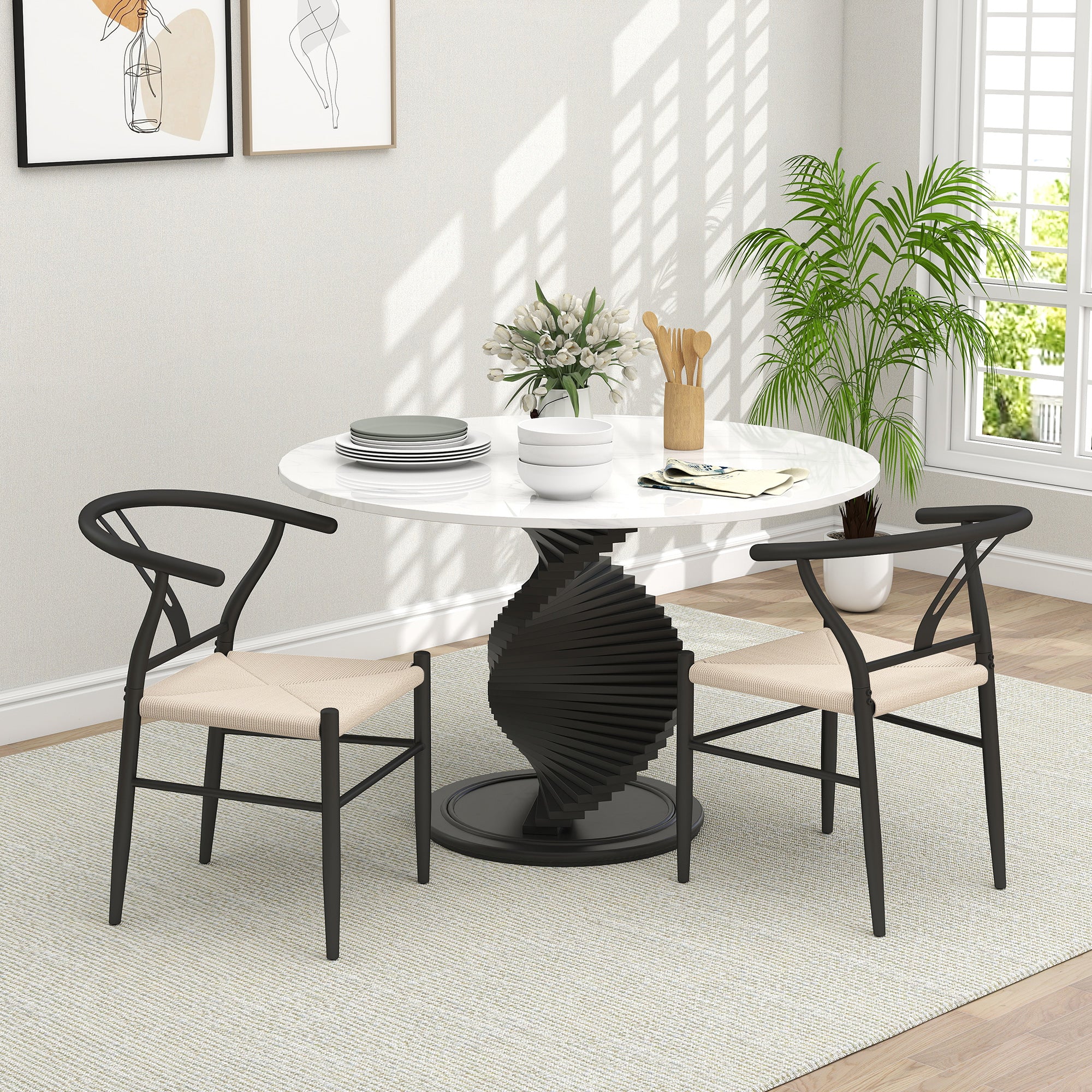 Weave Dining Chairs Set of 2, Mid-Century Modern Metal Kitchen Chairs with Y-Shaped Backrest and Hemp Seat for Dining Room, Living Room, Bedroom, Black