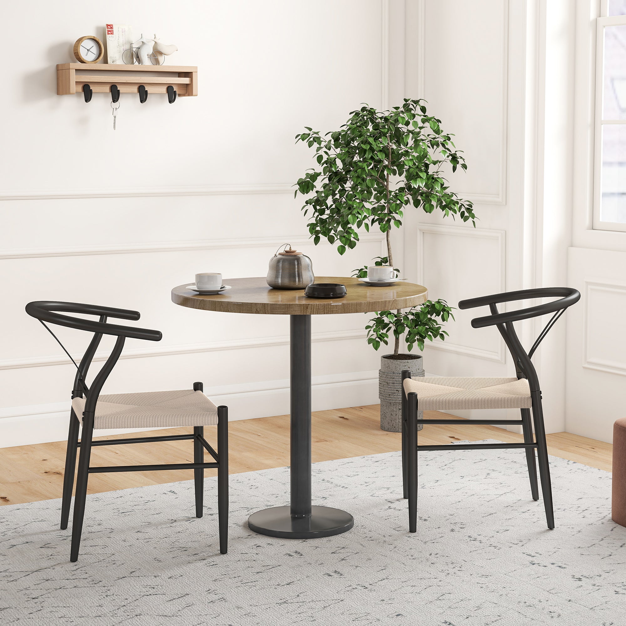 Weave Dining Chairs Set of 2, Mid-Century Modern Metal Kitchen Chairs with Y-Shaped Backrest and Hemp Seat for Dining Room, Living Room, Bedroom, Black