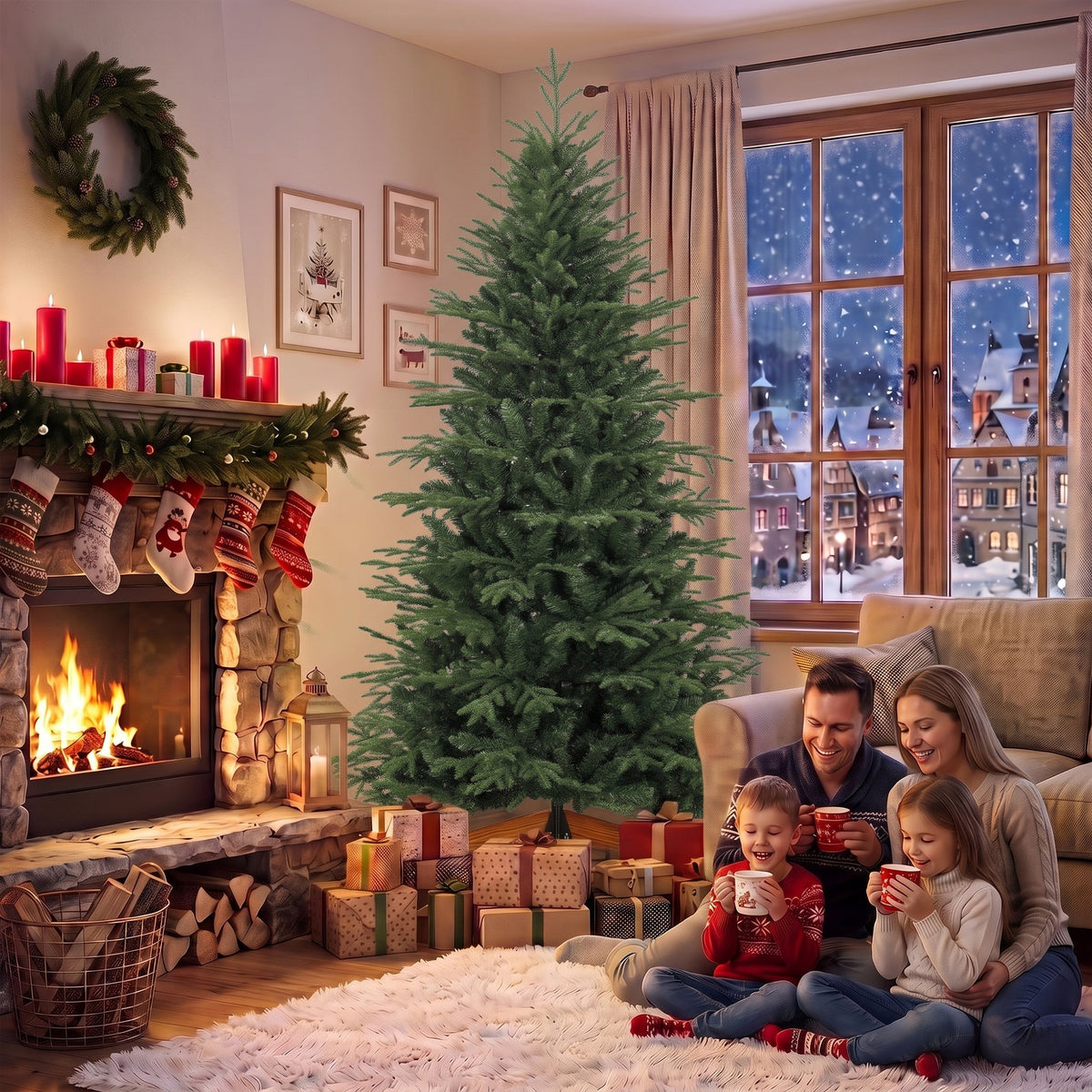 7ft Artificial Christmas Tree, Full Hinged Xmas Tree with 2719 PE & PVC Tips, Solid Pine Wood Stand for Home Office Holiday Decoration, Green