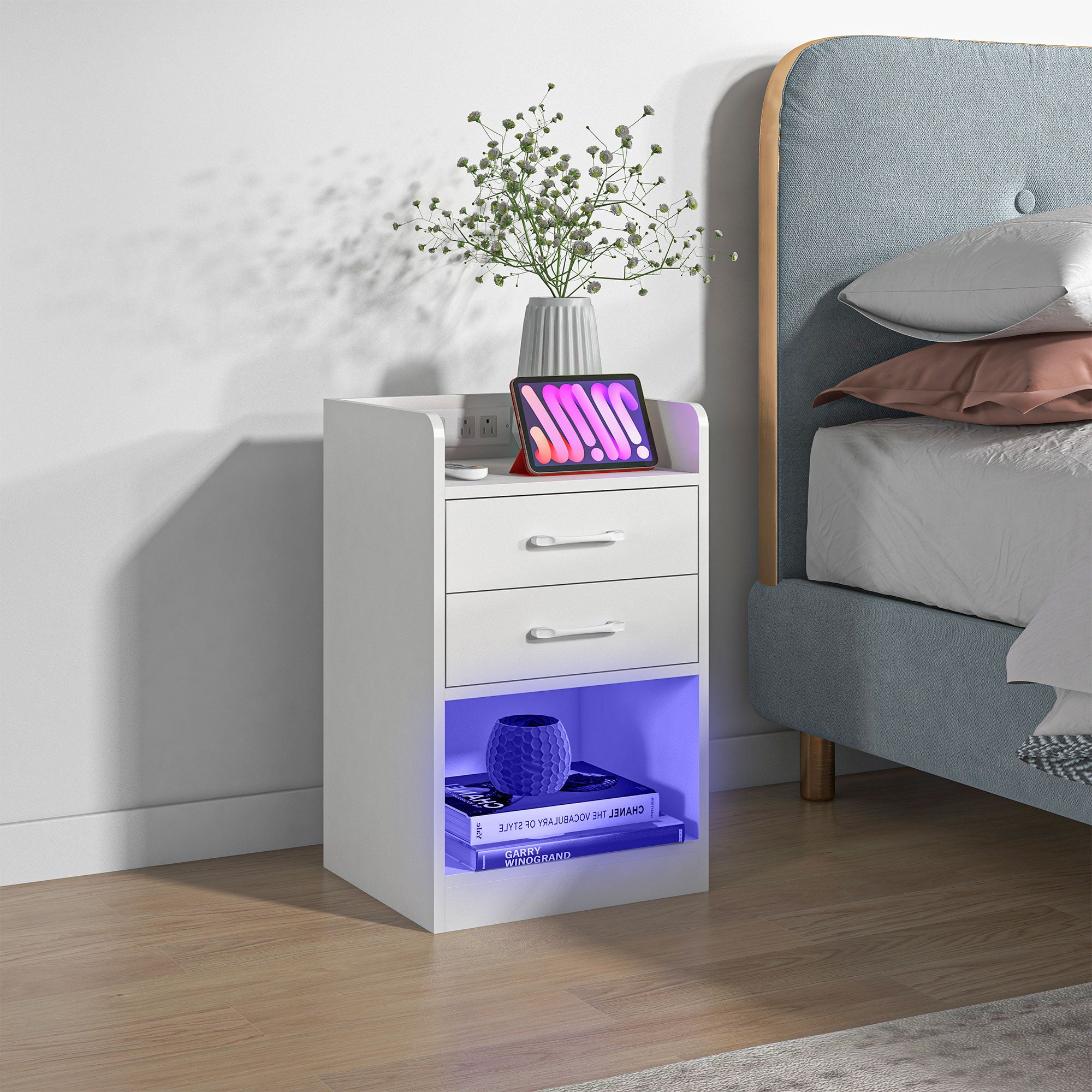 HOMCOM Nightstand with Charging Station and LED Lights, Bedside Table with 2 AC and USB Power Outlets, Side Table with Storage Shelf, 2 Drawers and Remote for Bedroom, White