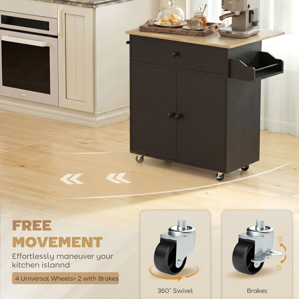 Kitchen Island with Drop Leaf, Rolling Kitchen Storage Trolley on Wheels with Drawer, Spice Rack and Towel Rack, Storage Cart with Adjustable Shelf, Black