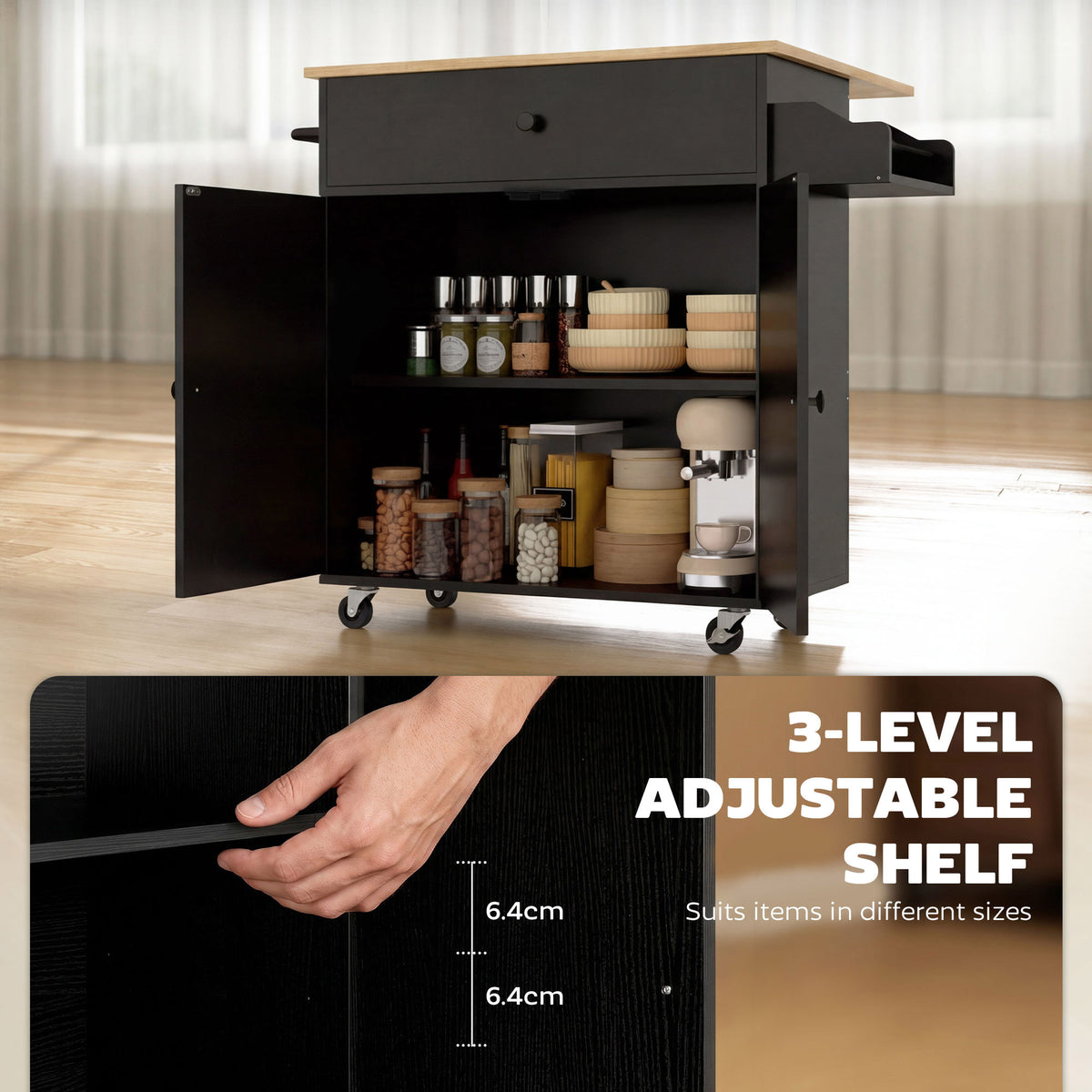 Kitchen Island with Drop Leaf, Rolling Kitchen Storage Trolley on Wheels with Drawer, Spice Rack and Towel Rack, Storage Cart with Adjustable Shelf, Black