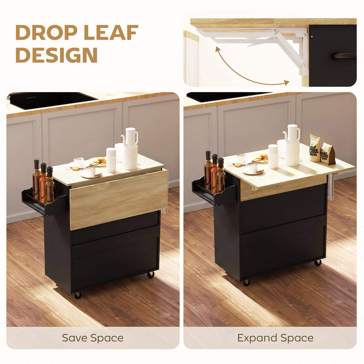 Kitchen Island with Drop Leaf, Rolling Kitchen Storage Trolley on Wheels with Drawer, Spice Rack and Towel Rack, Storage Cart with Adjustable Shelf, Black
