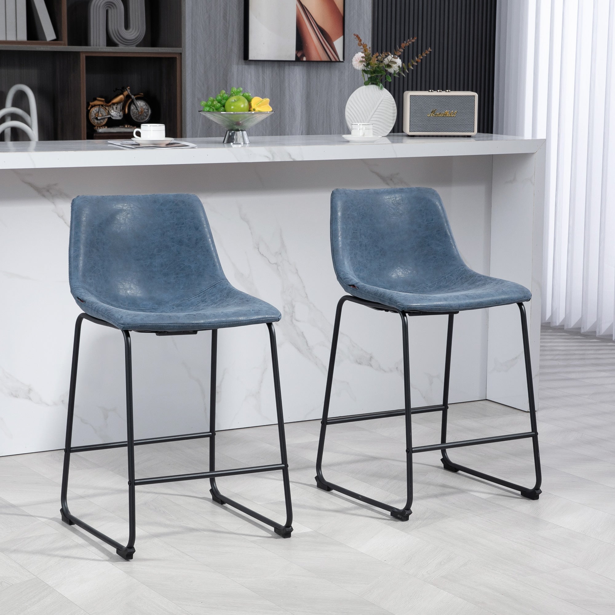 HOMCOM Counter Height Bar Stools Set of 2, Vintage PU Leather Bar Chairs, Kitchen Stools with Footrest for Home Bar, Dark Blue