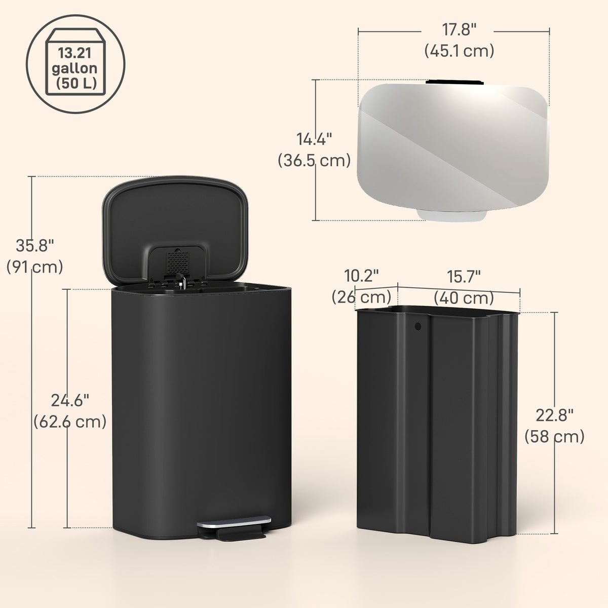 13.2-Gallon Garbage Can, Fingerprint-proof Kitchen Trash Can with Soft-close Lid, Foot Pedal and Stainless Steel Lid, Modern Garbage Bin for Living Room, Home Office, Black