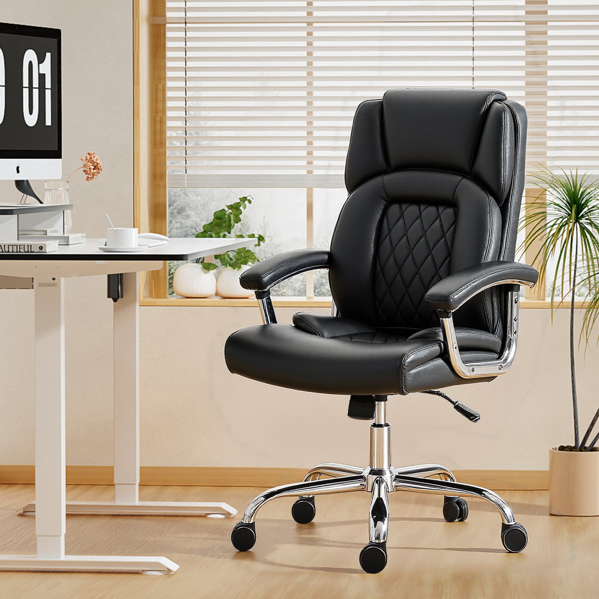 Big and Tall Office Chair 180kg, Executive PU Leather Desk Chair with Spring Cushion, Wide Seat, High Back, Adjustable Height, Swivel Wheels, Built-in Headrest, Tilt Function, Black