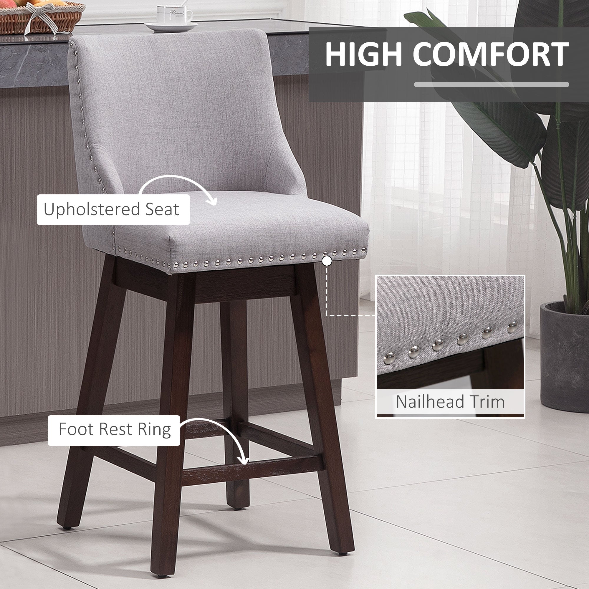 HOMCOM Swivel Bar stool Set of 2 Armless Upholstered Bar Chairs with Nailhead-Trim, Wood Legs, Light Grey