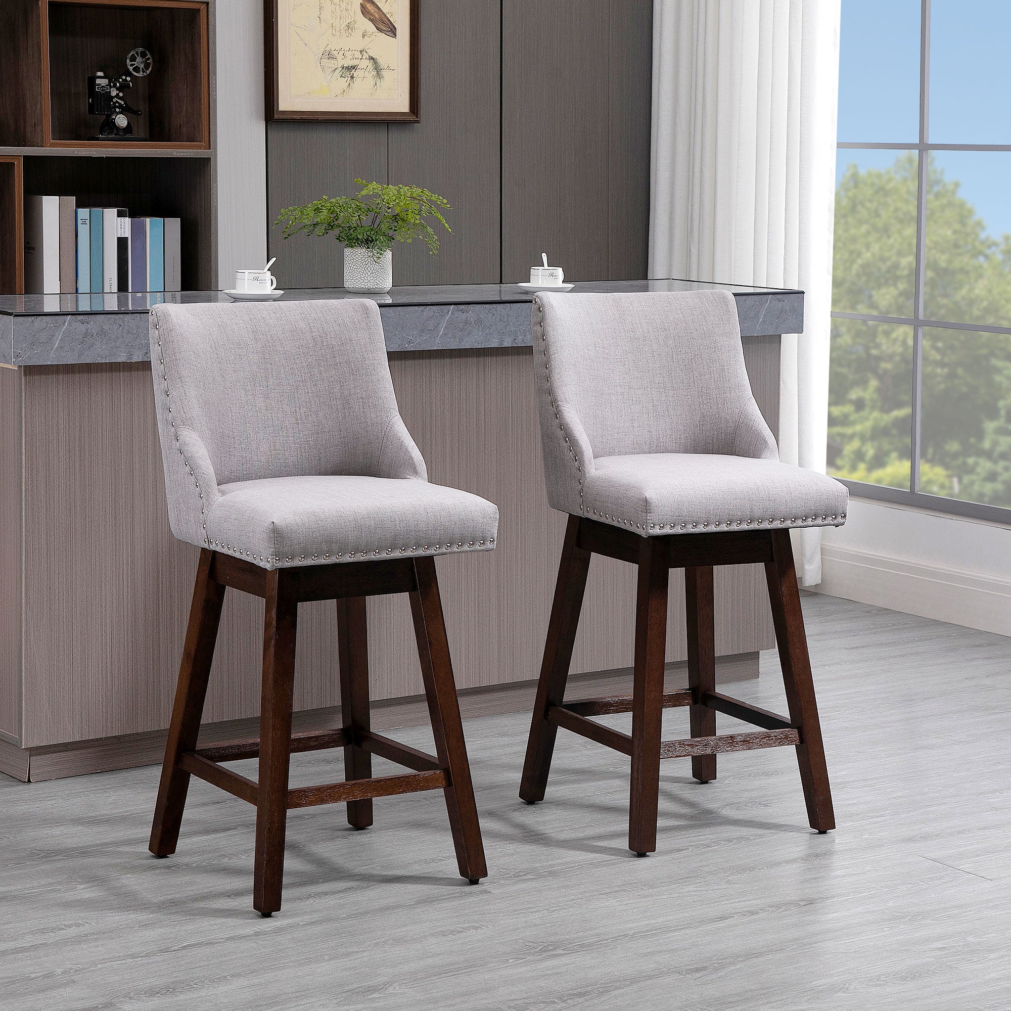 HOMCOM Swivel Bar stool Set of 2 Armless Upholstered Bar Chairs with Nailhead-Trim, Wood Legs, Light Grey