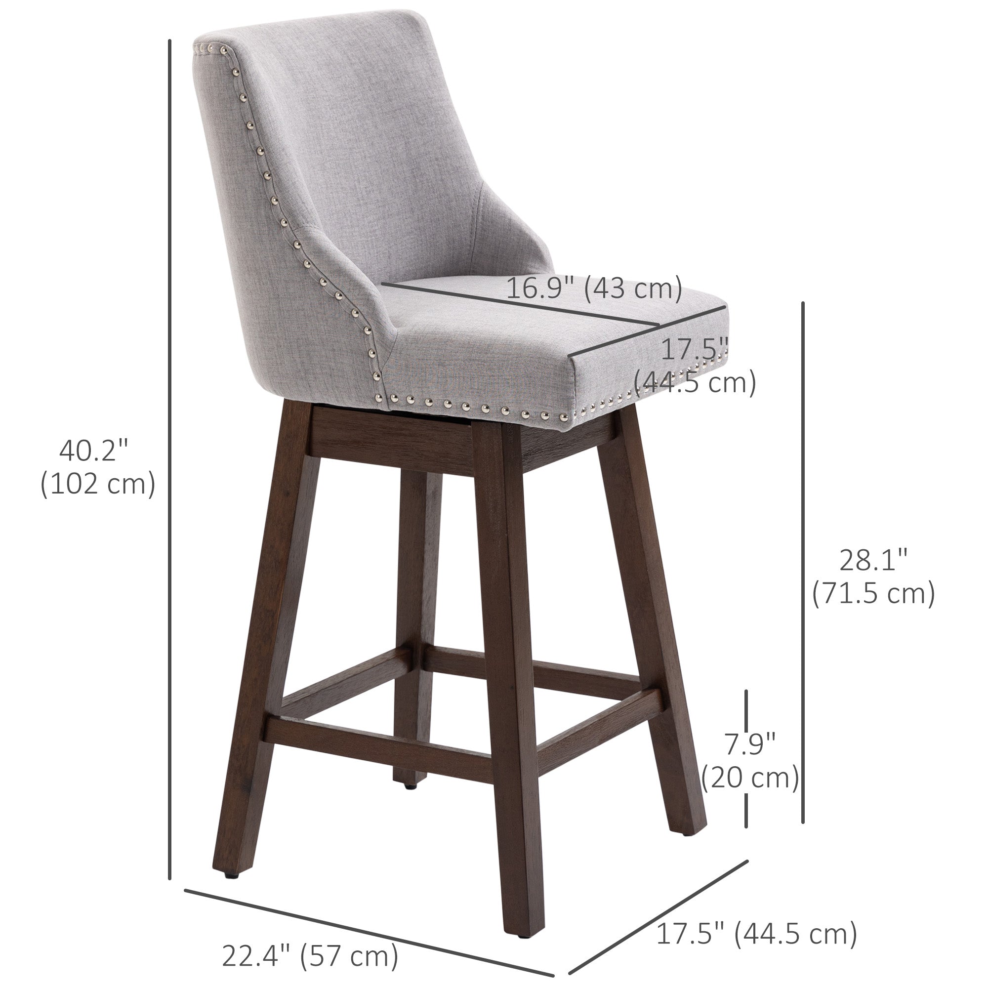 HOMCOM Swivel Bar stool Set of 2 Armless Upholstered Bar Chairs with Nailhead-Trim, Wood Legs, Light Grey