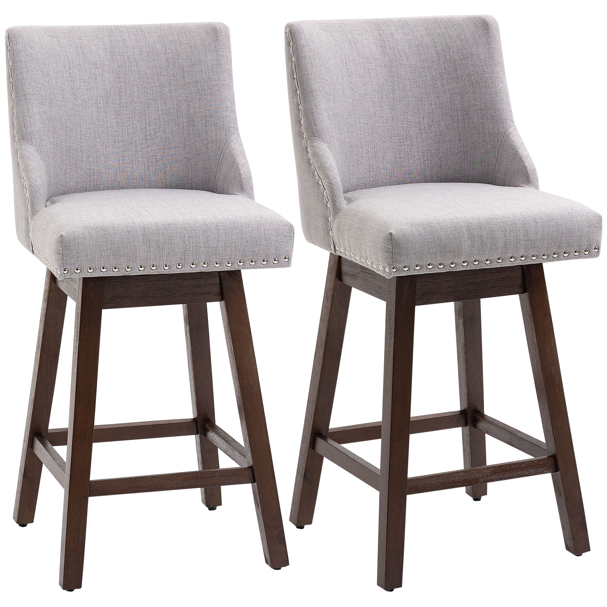 HOMCOM Swivel Bar stool Set of 2 Armless Upholstered Bar Chairs with Nailhead-Trim, Wood Legs, Light Grey