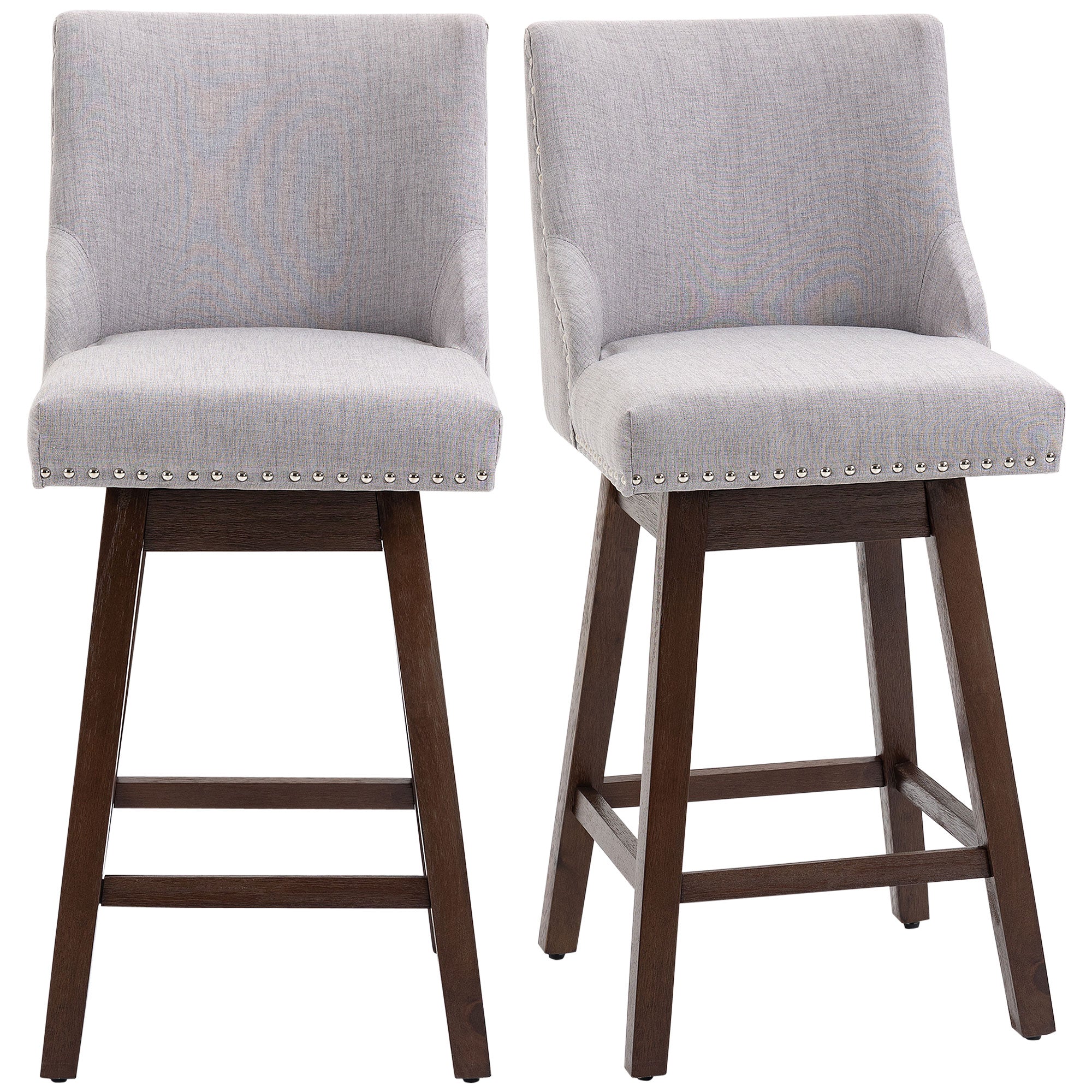 HOMCOM Swivel Bar stool Set of 2 Armless Upholstered Bar Chairs with Nailhead-Trim, Wood Legs, Light Grey