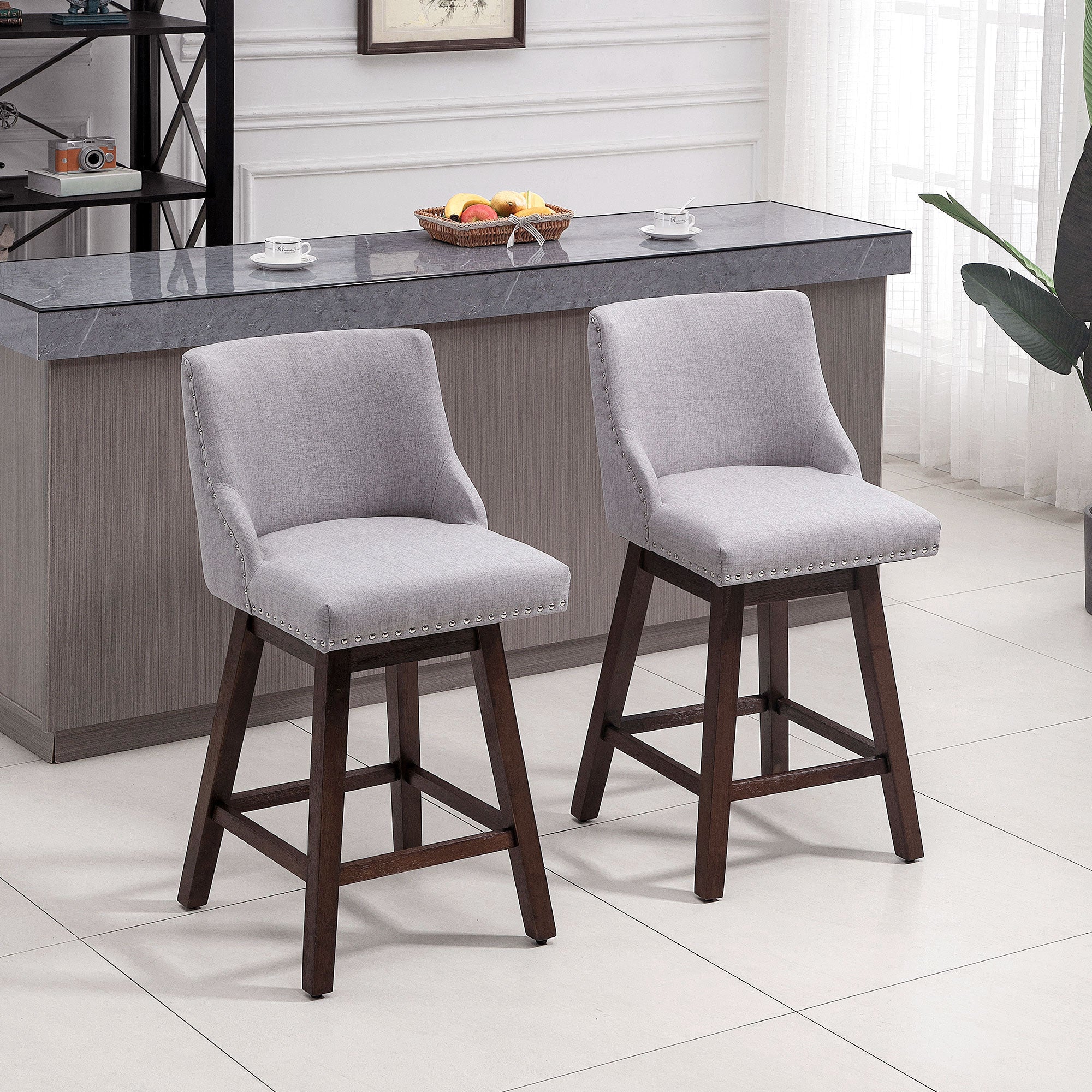 HOMCOM Swivel Bar stool Set of 2 Armless Upholstered Bar Chairs with Nailhead-Trim, Wood Legs, Light Grey