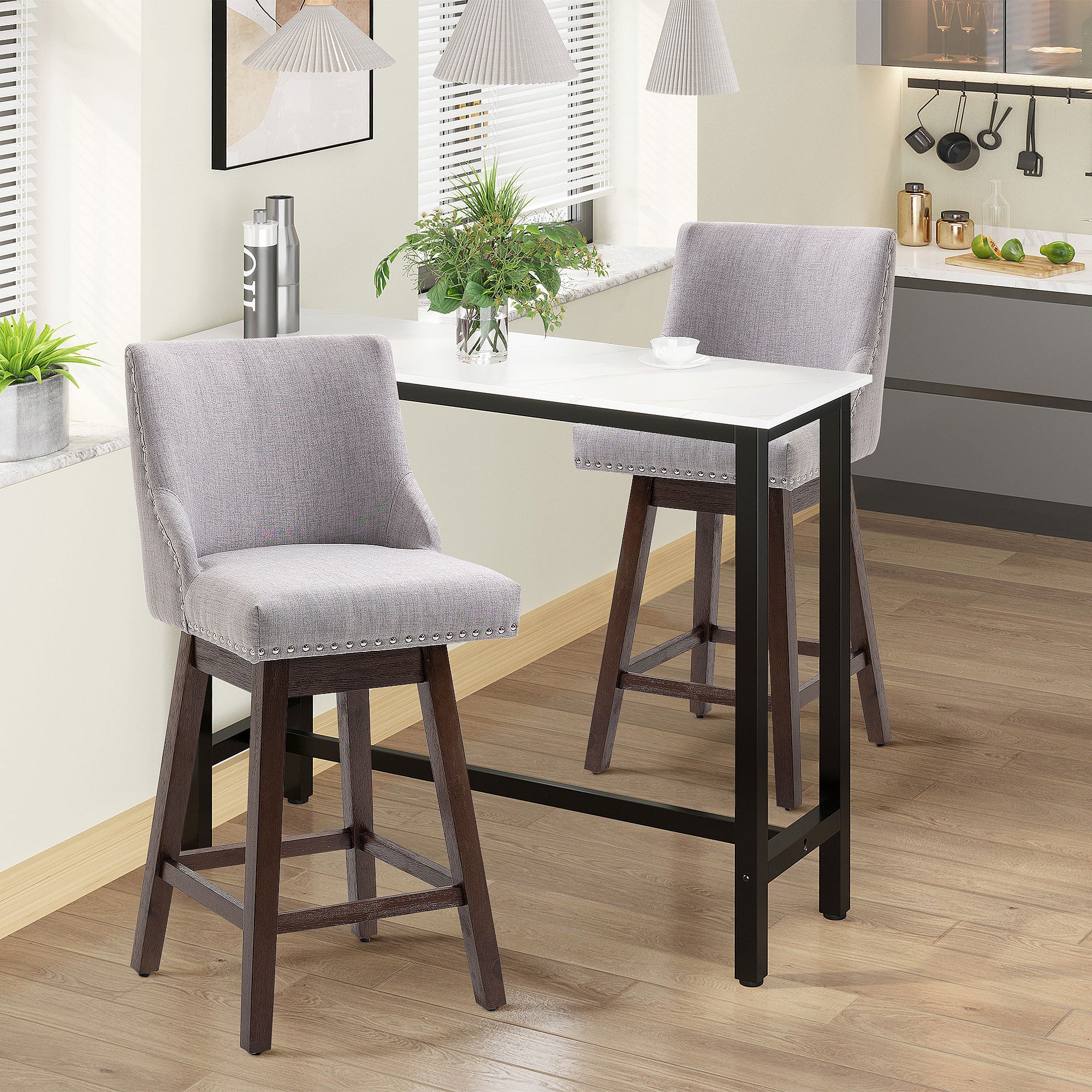 HOMCOM Swivel Bar stool Set of 2 Armless Upholstered Bar Chairs with Nailhead-Trim, Wood Legs, Light Grey