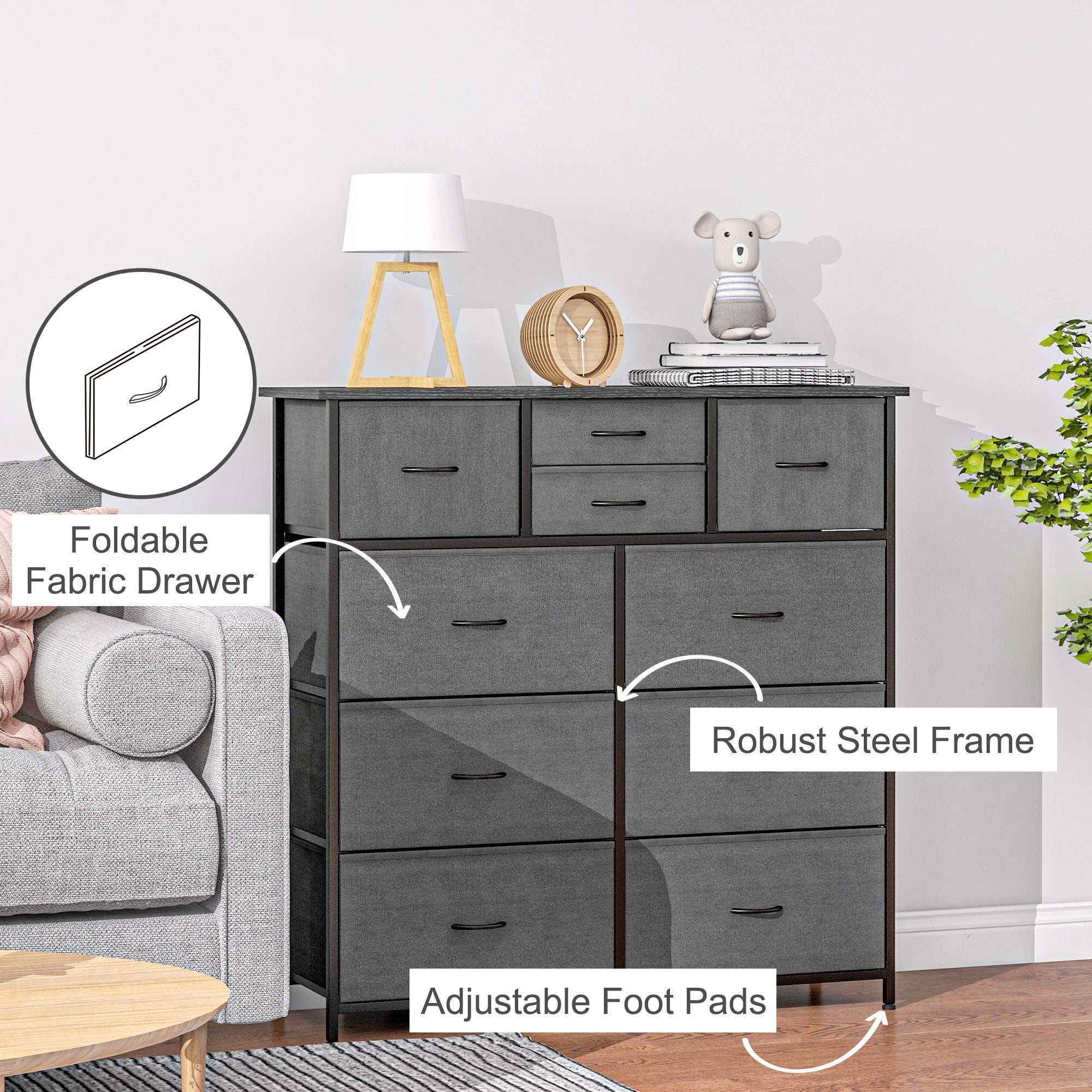 HOMCOM Chest of Drawers for Bedroom, Fabric Dresser, 10 Drawer Storage Organizer Unit with Foldable Drawers and Steel Frame, Black