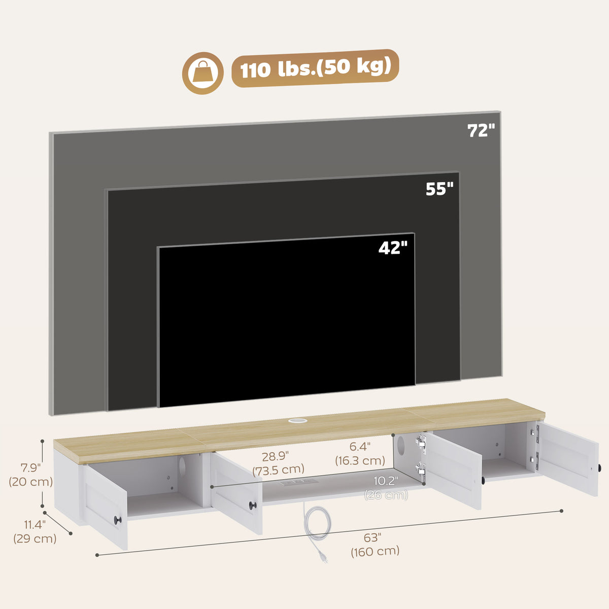 Floating TV Stand for TVs up to 72 Inch, Modern Wall Mounted Media Console with Power Outlets, Entertainment Center with Storage Shelves for Living Room, Bedroom, White