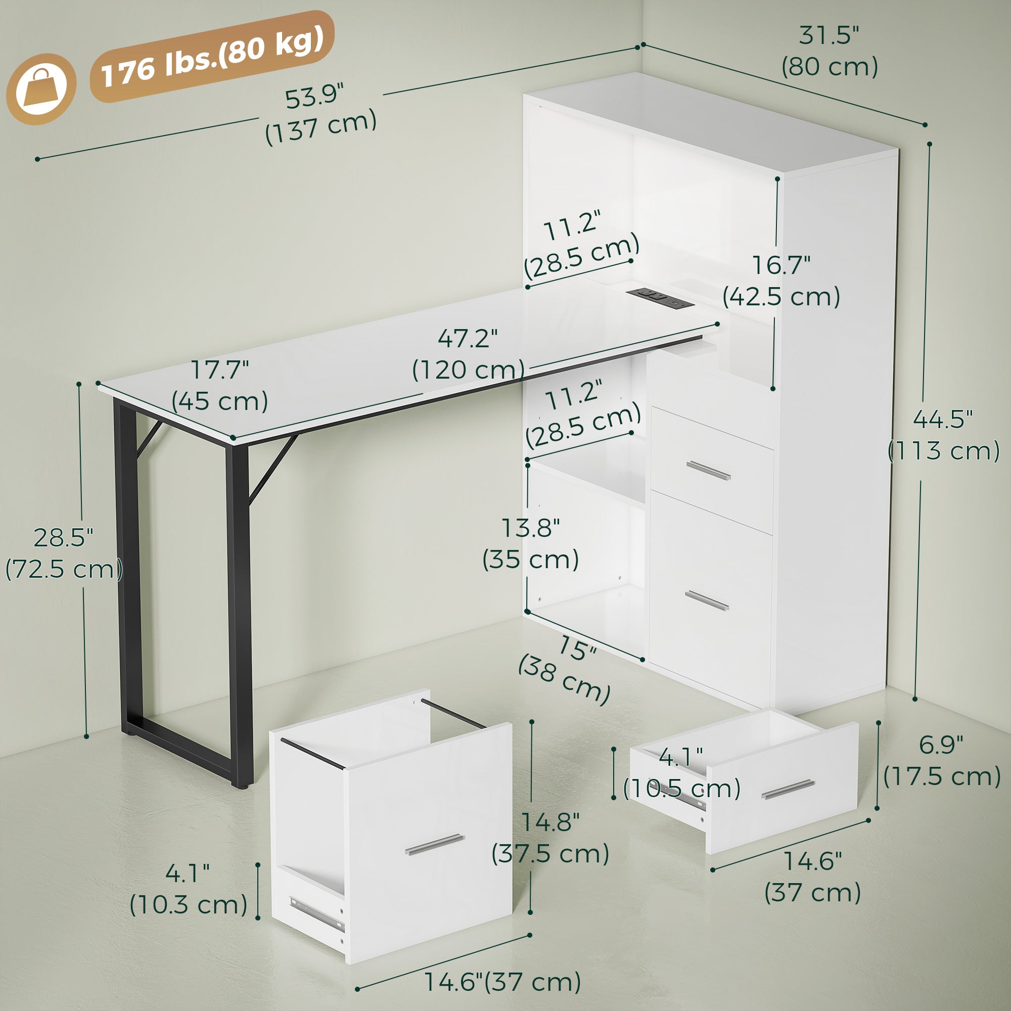 54" Computer Desk with Drawers, Home Office Desk with Power Outlets and LED Lights, Writing Table with File Drawer and Open Shelves for Bedroom, White