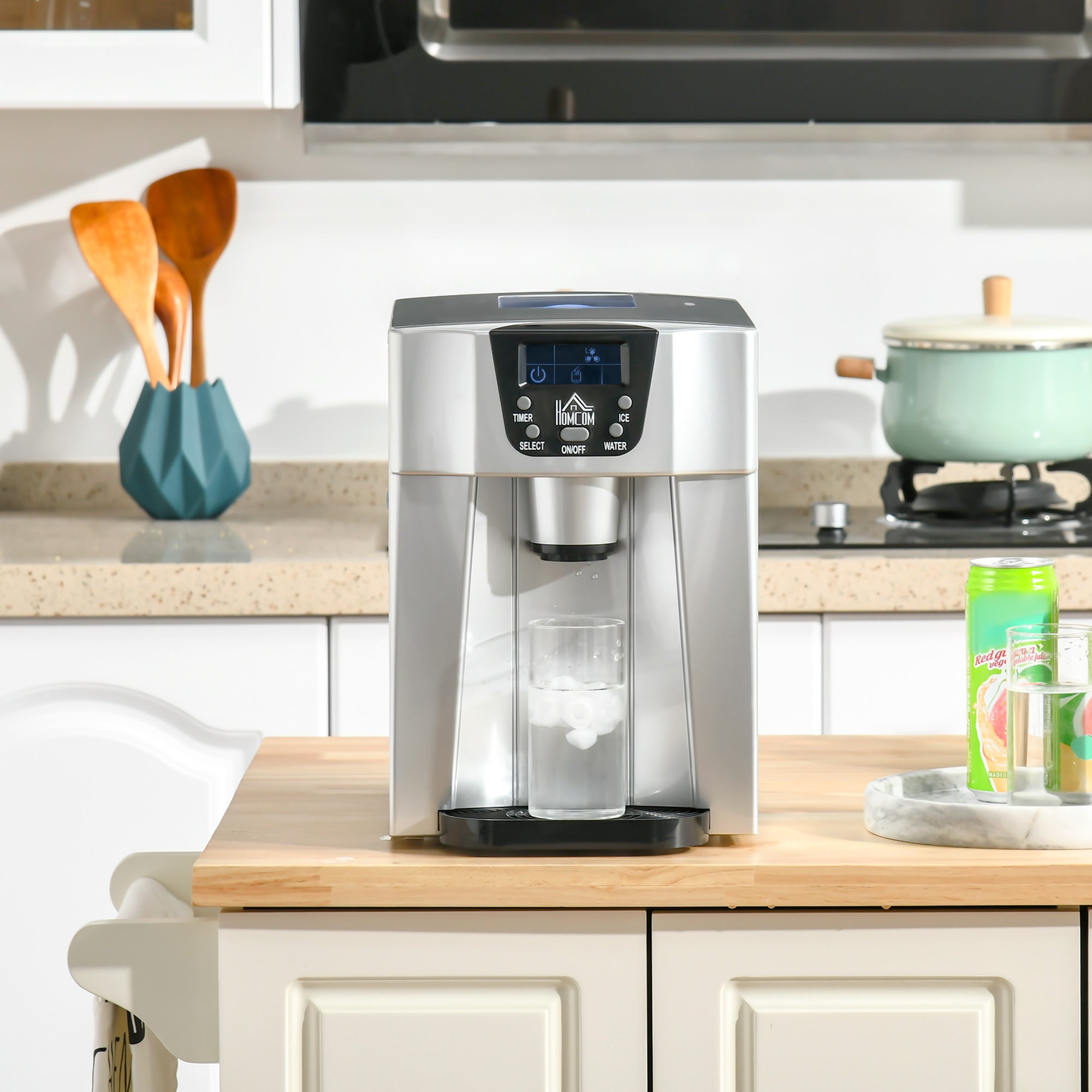 HOMCOM Ice Maker Machine and Water Dispenser, Counter Top Ice Cube Maker for Home with 3L Tank, Adjustable Cube Size, 9 Ice Cubes per 6-10 Minutes, No Plumbing Required, Silver