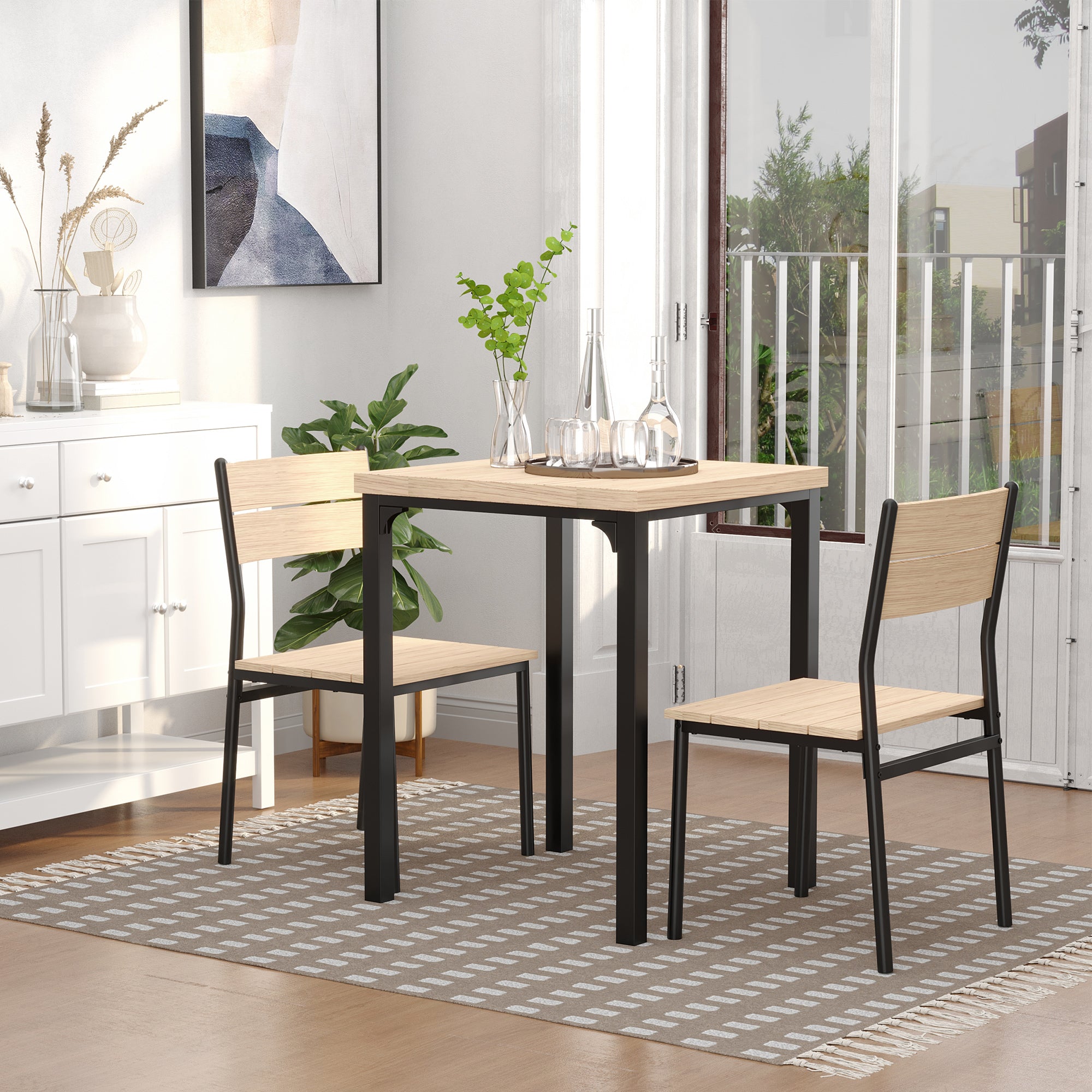 HOMCOM 3 Pieces Compact Dining Table 2 Chairs Set Wooden Metal Legs Bistro cafe Kitchen Breakfast Bar Home Furniture, Light Wood Grain