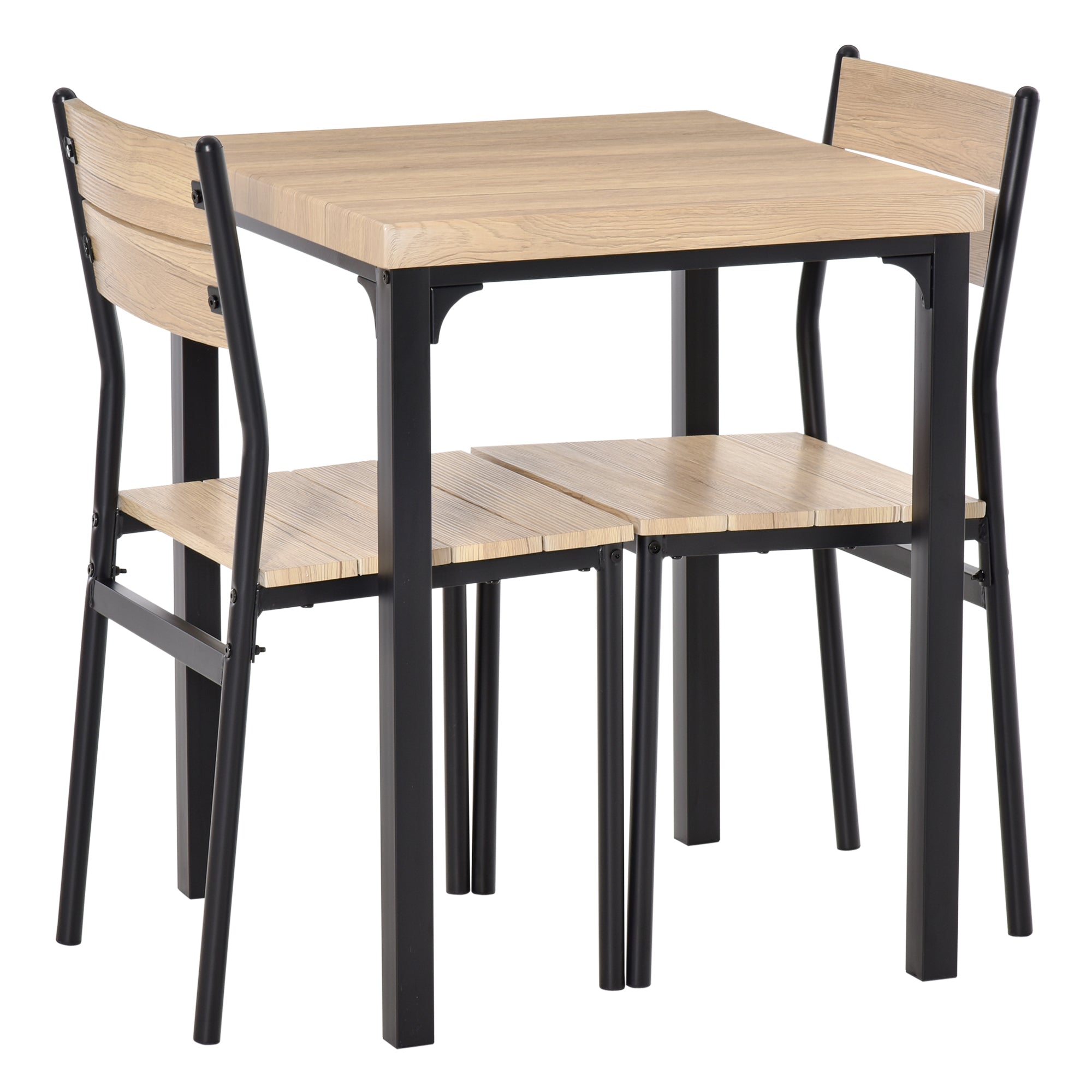 HOMCOM 3 Pieces Compact Dining Table 2 Chairs Set Wooden Metal Legs Bistro cafe Kitchen Breakfast Bar Home Furniture, Light Wood Grain