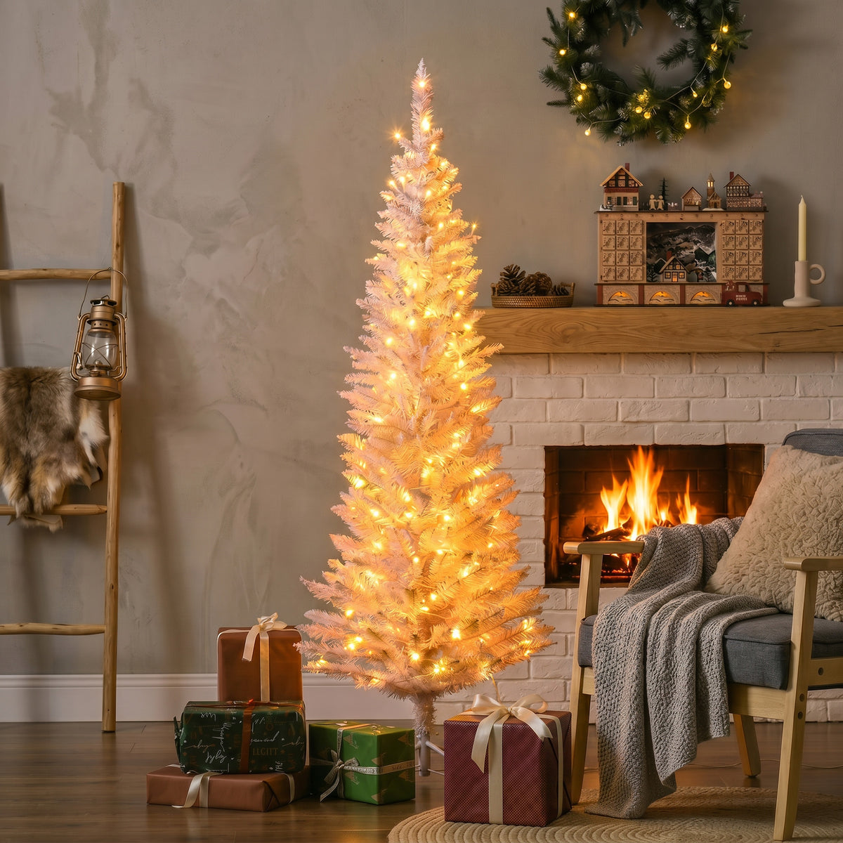 5 ft Pre-Lit Slim Pencil Artificial Christmas Tree with 294 Tips, 110 Warm White LED Lights, Pink