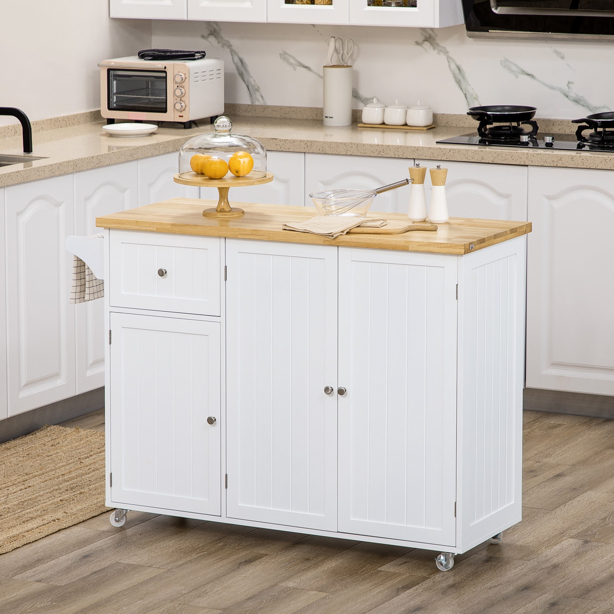 Triple Cabinet Rolling Kitchen Island on Wheels Kitchen Cart white