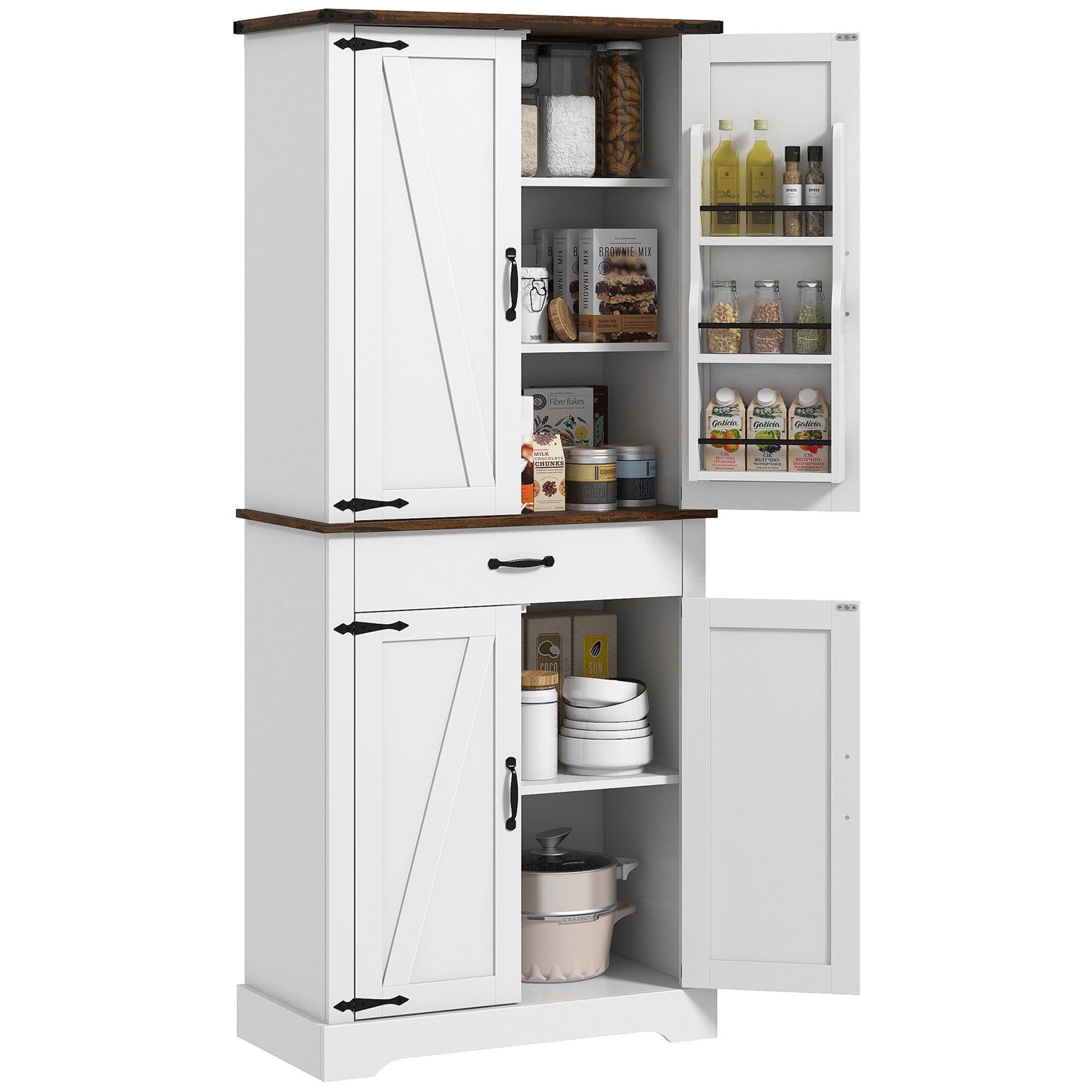 71" Tall Kitchen Cabinet, Farmhouse Pantry Cabinet w/ Barn Doors, 6 Shelves w/ 2 Doors, Drawer and Adjustable Shelves, White