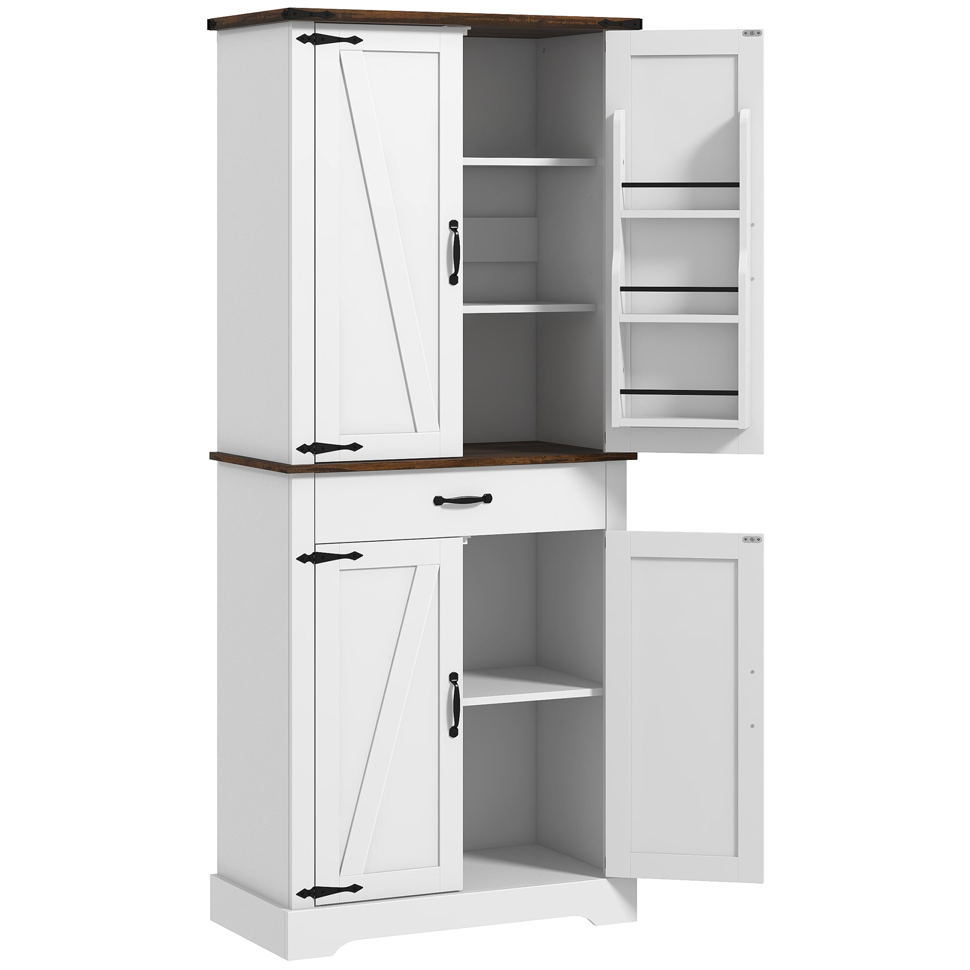 71" Tall Kitchen Cabinet, Farmhouse Pantry Cabinet w/ Barn Doors, 6 Shelves w/ 2 Doors, Drawer and Adjustable Shelves, White